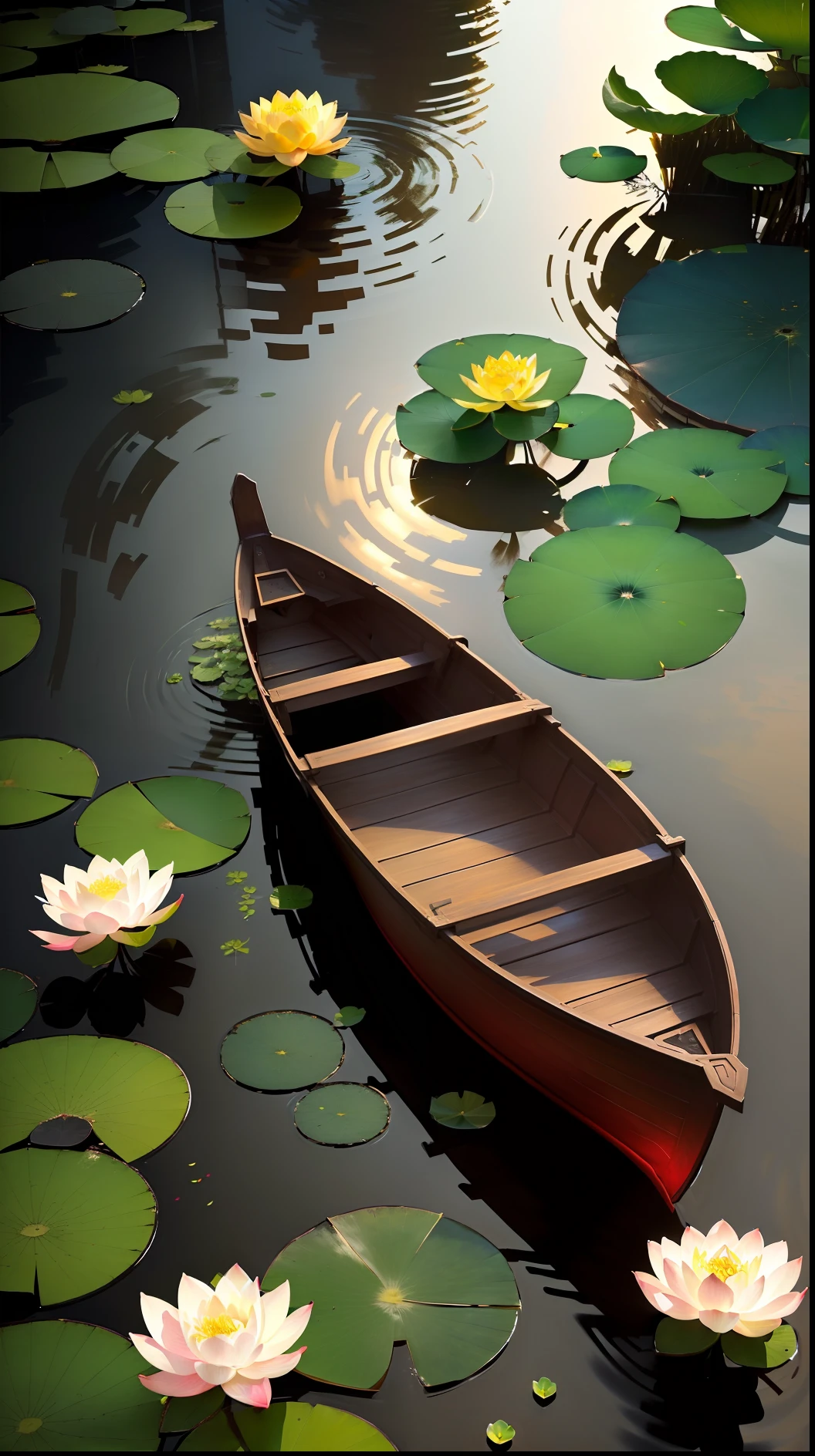 A masterpiece, exquisite. Deep in the lotus pond (colorful, vivid, sunshine, cool light: 1.2) there are many lotus leaves in the pond. At night, a small boat crosses the middle.