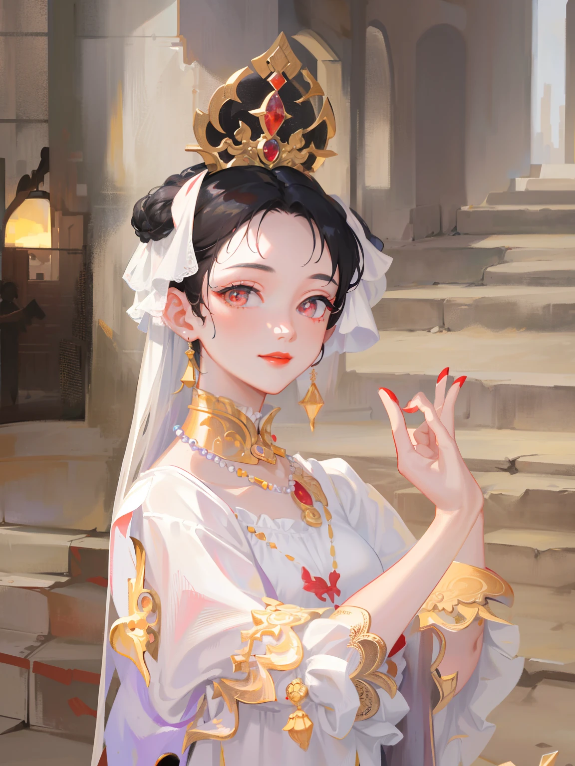 (Masterpiece, Monochrome, Color: 1.0), (Highest Quality: 1.2), (Ultra High Quality: 1.1), Masterpiece, Best Quality, (Very Detailed CG Unity 8k Wallpaper), (Best Illustration), (Best Shadow), Realistic Lighting, Dunhuang Murals, Ancient Girls, Lavender Dress, High Bag, Gold Jewelry, Necklaces, Red Lips, Beautiful, Big Eyes, Innocent Smile, Red Lips, delicate eyes, delicate fingers, correct finger structure