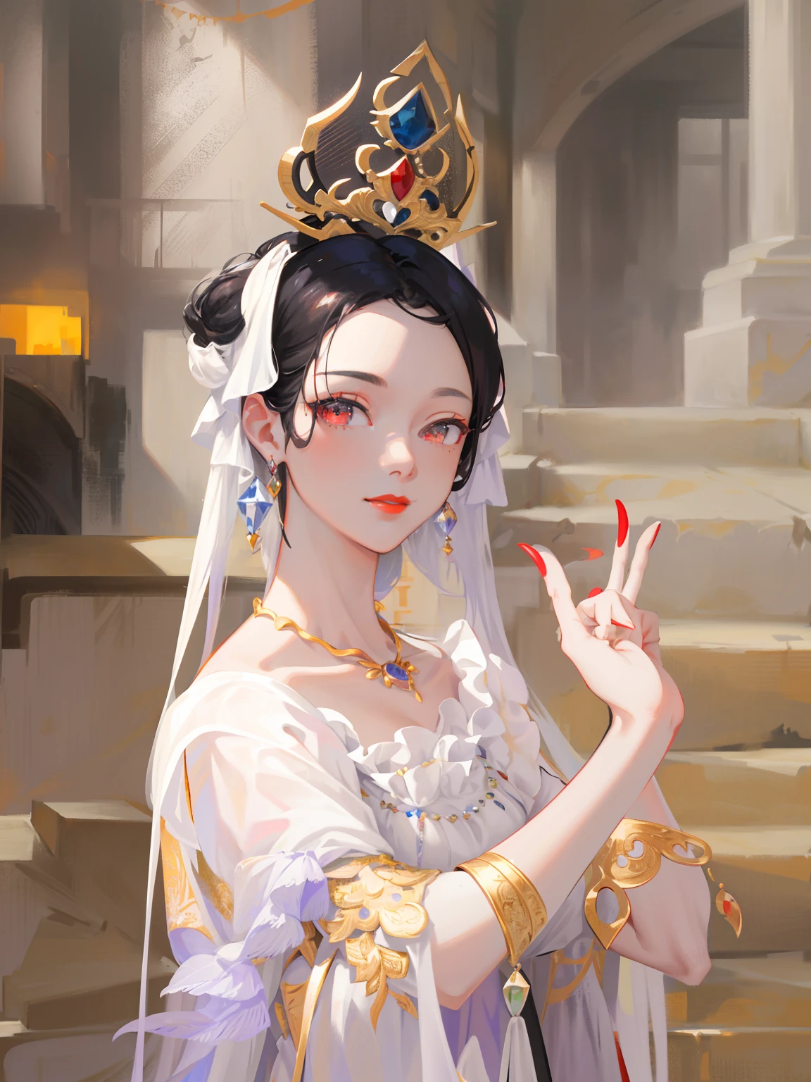 (Masterpiece, Monochrome, Color: 1.0), (Highest Quality: 1.2), (Ultra High Quality: 1.1), Masterpiece, Best Quality, (Very Detailed CG Unity 8k Wallpaper), (Best Illustration), (Best Shadow), Realistic Lighting, Dunhuang Murals, Ancient Girls, Lavender Dress, High Bag, Gold Jewelry, Necklaces, Red Lips, Beautiful, Big Eyes, Innocent Smile, Red Lips, delicate eyes, delicate fingers,((( correct finger structure)))