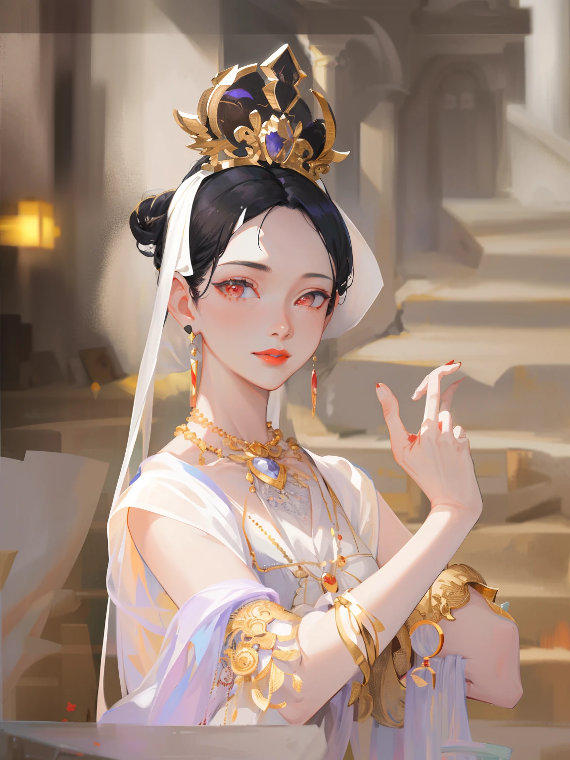 (Masterpiece, Monochrome, Color: 1.0), (Highest Quality: 1.2), (Ultra High Quality: 1.1), Masterpiece, Best Quality, (Very Detailed CG Unity 8k Wallpaper), (Best Illustration), (Best Shadow), Realistic Lighting, Dunhuang Murals, Ancient Girls, Lavender Dress, High Bag, Gold Jewelry, Necklaces, Red Lips, Beautiful, Big Eyes, Innocent Smile, Red Lips, delicate eyes, delicate fingers,((( correct finger structure)))