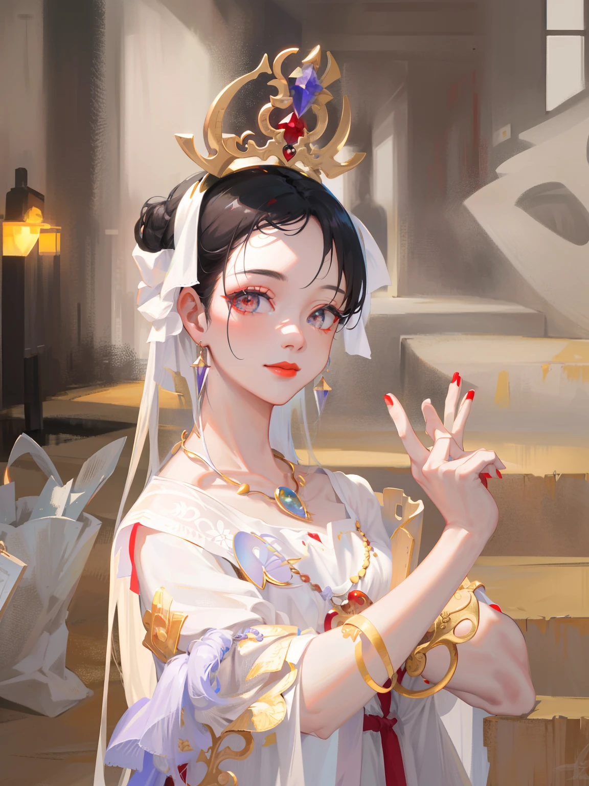 (Masterpiece, Monochrome, Color: 1.0), (Highest Quality: 1.2), (Ultra High Quality: 1.1), Masterpiece, Best Quality, (Very Detailed CG Unity 8k Wallpaper), (Best Illustration), (Best Shadow), Realistic Lighting, Dunhuang Murals, Ancient Girls, Lavender Dress, High Bag, Gold Jewelry, Necklaces, Red Lips, Beautiful, Big Eyes, Innocent Smile, Red Lips, Delicate Eyes