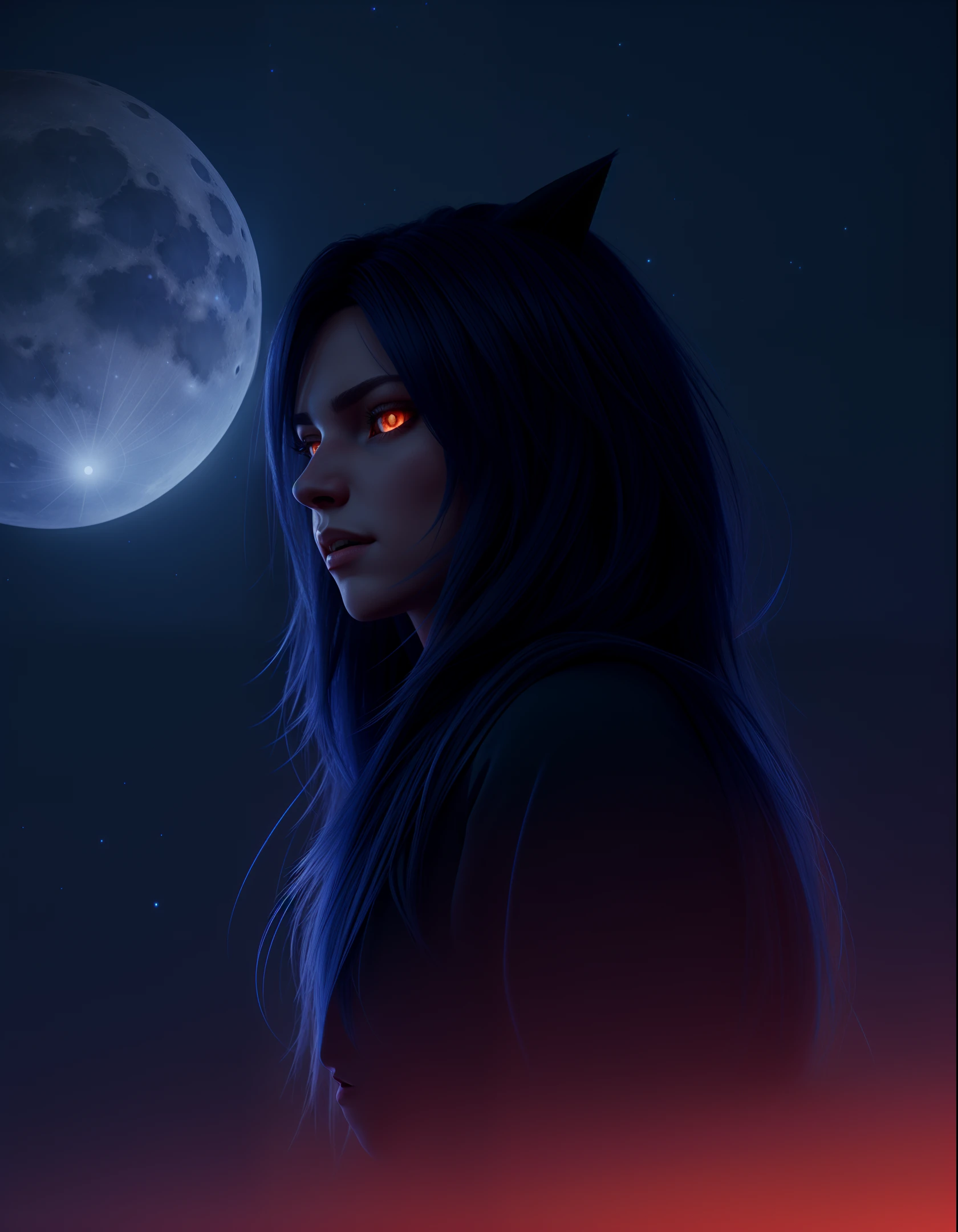 Blue Moon, Night Sky, Beautiful Female Werewolf, Mid-Length Hair, glowing orange eyes, realisitic, highly detailed, Unreal Engine, 8k