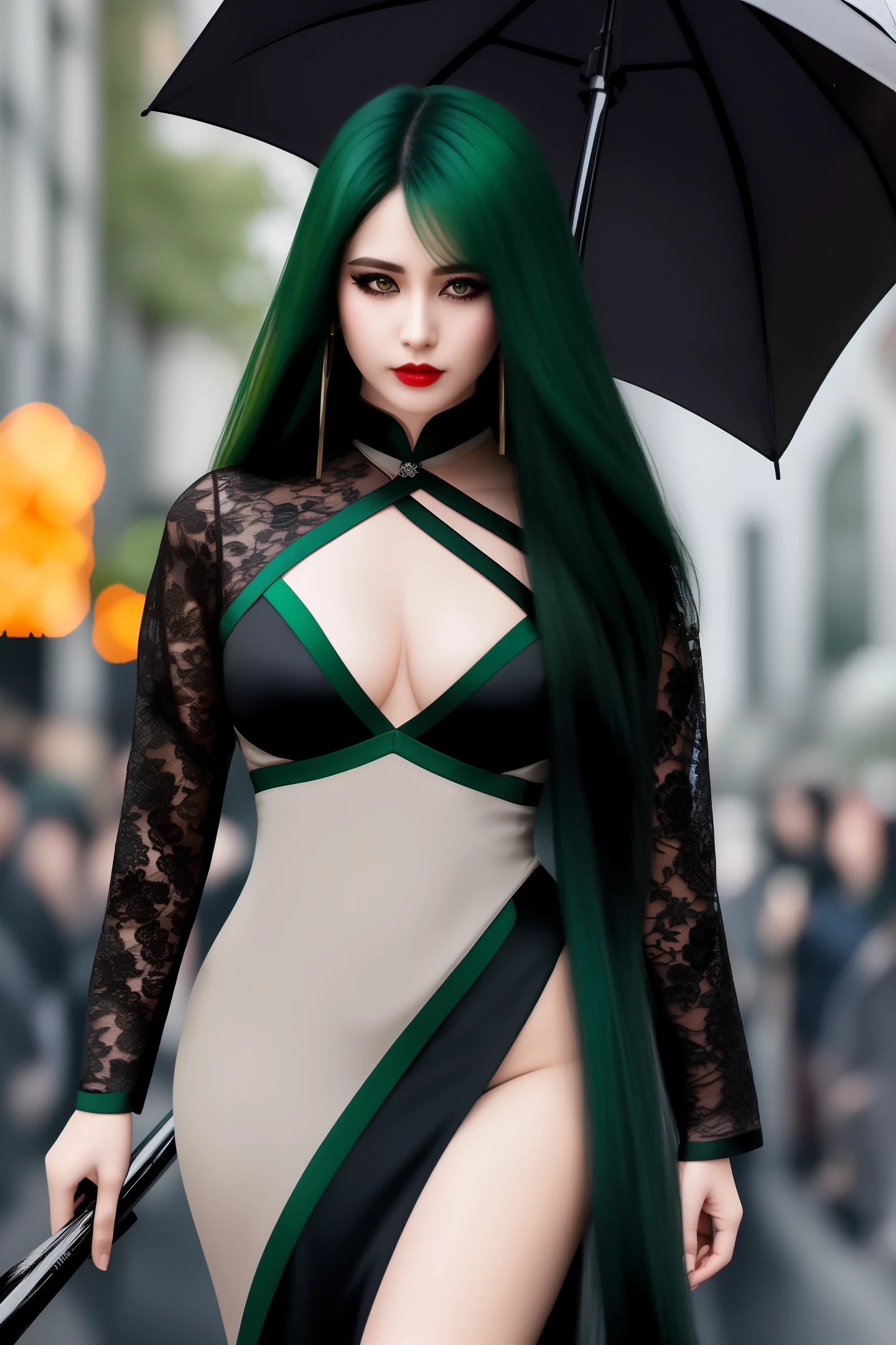 Tips: glowing eyes, parted lips, green hair, heavy makeup, thigh tie, black silk, black cheongsam woman, red lace, high neck, short sleeves, extreme details, fangs, high heels, best image quality, high detail, high quality, 8k resolution, super high resolution, master work, depth of field, full-body lens, plump and mature, expressionless, serious, long-haired woman, holding a black umbrella, facing the audience,