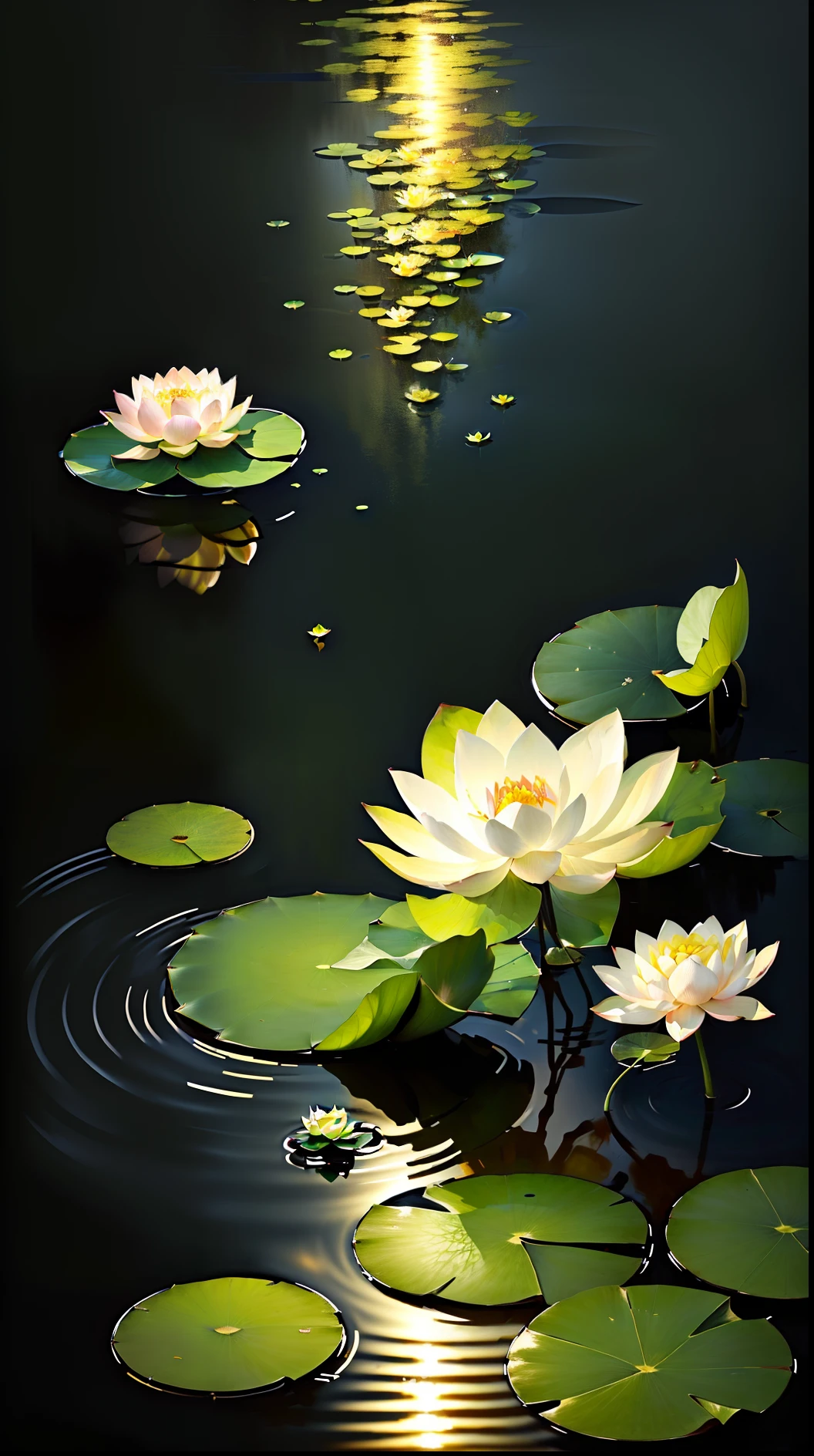 A masterpiece, exquisite. Deep in the lotus pond, there are a few lotus leaves in the pond. Lotus leaf texture is clear, night, frog, lotus