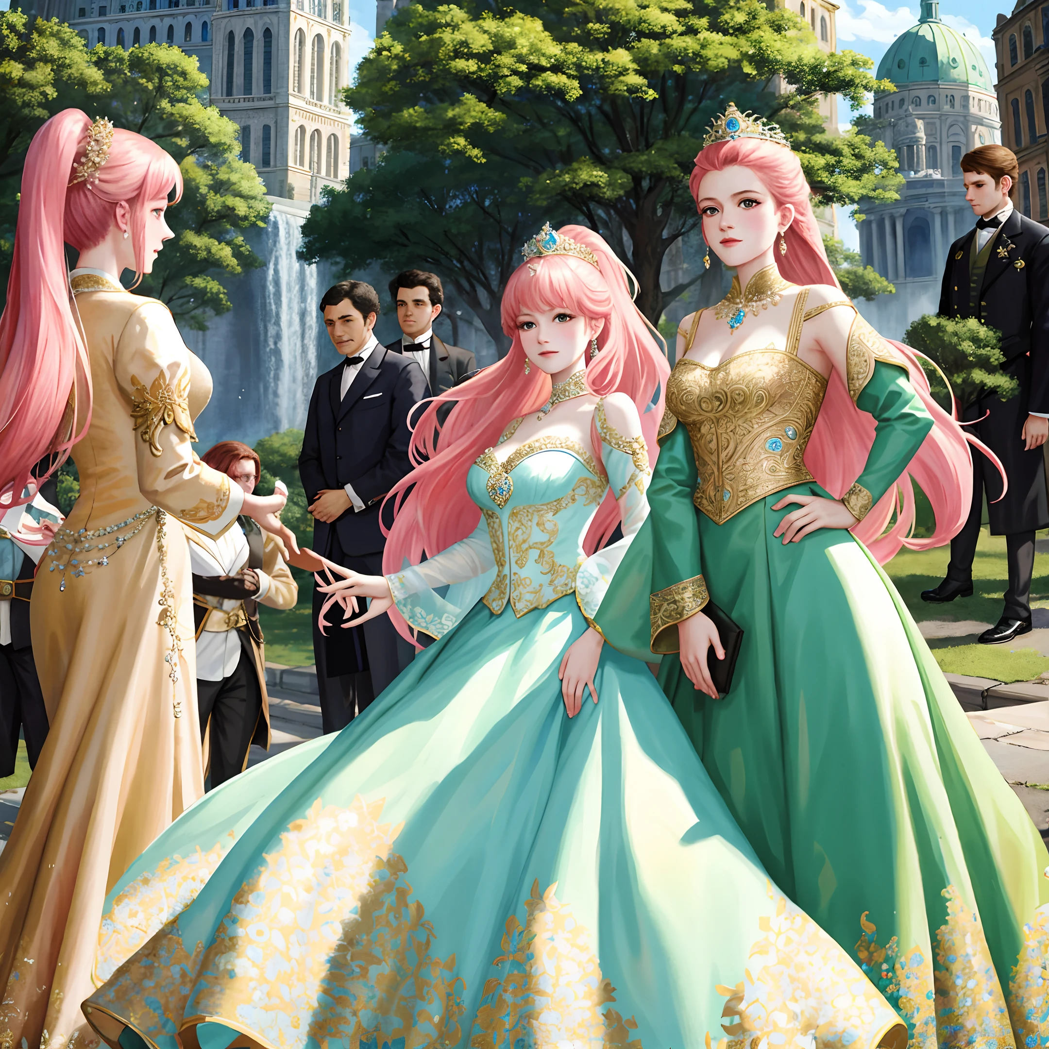 (masterpiece, best ultra quality, hyper realistic by ultra high res, sharp realistic photo, 8k real picture, ultra intricate details, strong depth of field, detailed face, detailed eyes):1.5, (from toes to head:1.15), (lot of crowd:1.3), looking at viewer
Style - Fantasy, Realisitc
Locate - Crowded street in city
Background - A typical German cityscape with buildings and people
Subject - Two princesses, around 18 years old, (Judy with pink hair on left) and (Amy with brown ponytail on right)
View - A frontal or slightly tilted view of the princesses, surrounded by a crowd of people, with some important officials or guards beside them
Appearance - These princesses are dressed in a regal and elegant also ((hollow translucent)) gown with intricate and sexy, with a crown or a tiara on their head, and some royal jewelry, each one a meticulously adorned and crafted masterpiece in clothes and accessories by luxurious.
Outfit - Each one long gown with intricate designs by China and French court style exquisite embroidered, made of luxurious fabric, a meticulously crafted masterpiece by a renowned artist.
Pose - They are walking forward, with their heads held high and their gaze fixed straight ahead, showing confidence and demonstrating their instinctual drive to mate hope.
Details - The crowd behind her can be shown in different poses, with some people bowing or saluting her, while others are cheering or waving flags.
Effects - A sense of motion can be created by showing these princesses's gown and hair flowing in the wind, and the crowd in motion around her.
Description - The artwork portrays two princesses on a royal procession, marching among a diverse crowd, with a determined expression and showing desire on their face.
The 19th century German cityscape in the background adds to the historical feel of the artwork, and the regal luxurious attire and jewelry of these princesses add to the elegance and grandeur of the overall scene.