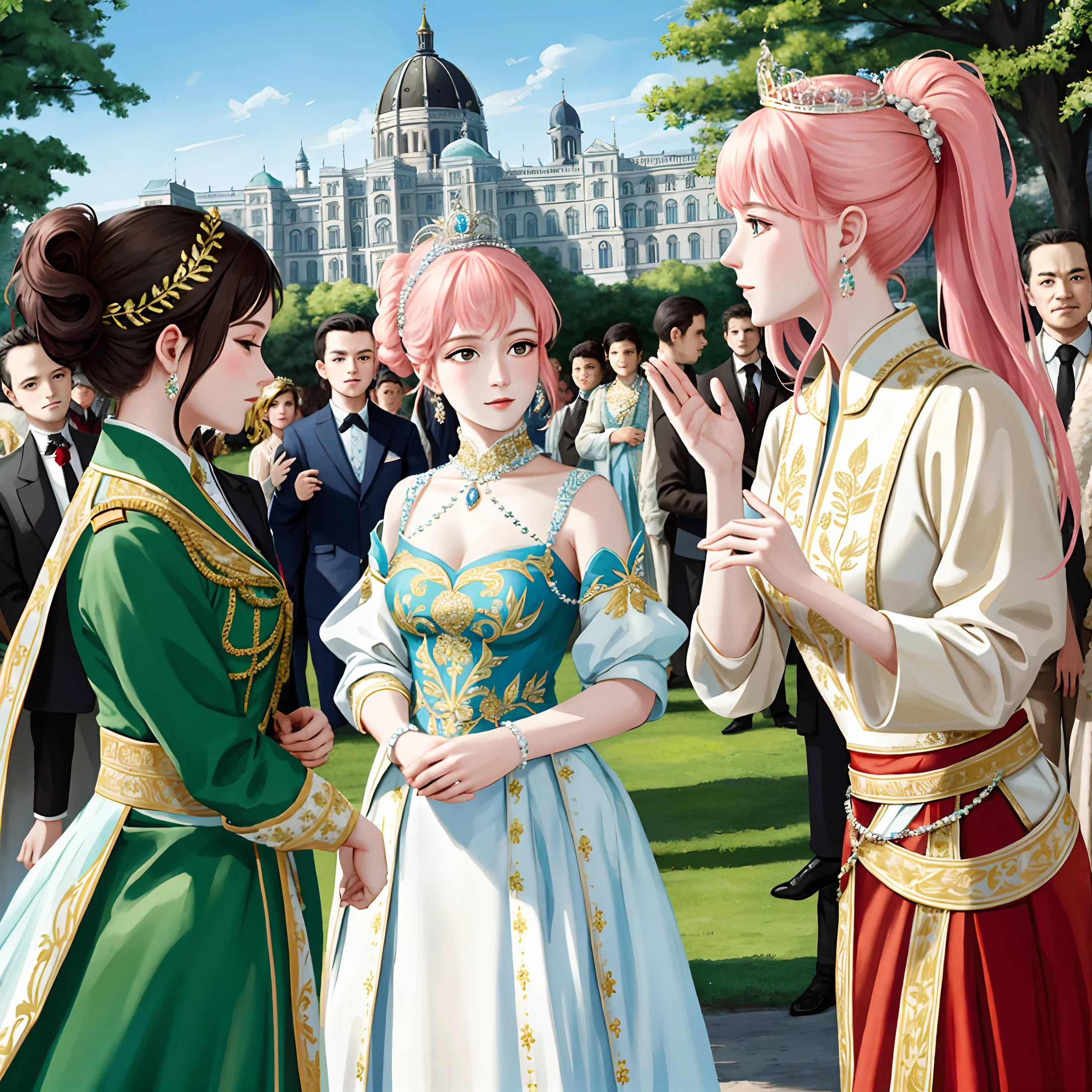 (masterpiece, best ultra quality, hyper realistic by ultra high res, sharp realistic photo, 8k real picture, ultra intricate details, strong depth of field, detailed face, detailed eyes):1.5, (from toes to head:1.15), (lot of crowd:1.3), looking at viewer
Style - Fantasy, Realisitc
Locate - Crowded street in city
Background - A typical German cityscape with buildings and people
Subject - Two princesses, around 18 years old, (Judy with pink hair on left) and (Amy with brown ponytail on right)
View - A frontal or slightly tilted view of the princesses, surrounded by a crowd of people, with some important officials or guards beside them
Appearance - These princesses are dressed in a regal and elegant also ((hollow translucent)) gown with intricate and sexy, with a crown or a tiara on their head, and some royal jewelry, each one a meticulously adorned and crafted masterpiece in clothes and accessories by luxurious.
Outfit - Each one long gown with intricate designs by China and French court style exquisite embroidered, made of luxurious fabric, a meticulously crafted masterpiece by a renowned artist.
Pose - They are walking forward, with their heads held high and their gaze fixed straight ahead, showing confidence and demonstrating their instinctual drive to mate hope.
Details - The crowd behind her can be shown in different poses, with some people bowing or saluting her, while others are cheering or waving flags.
Effects - A sense of motion can be created by showing these princesses's gown and hair flowing in the wind, and the crowd in motion around her.
Description - The artwork portrays two princesses on a royal procession, marching among a diverse crowd, with a determined expression and showing desire on their face.
The 19th century German cityscape in the background adds to the historical feel of the artwork, and the regal luxurious attire and jewelry of these princesses add to the elegance and grandeur of the overall scene.
