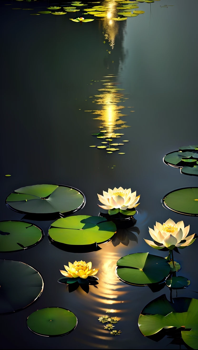 A masterpiece, exquisite. Deep in the lotus pond, there are a small amount of lotus leaves in the pond. Clear lotus leaf texture, night, frog, lotus