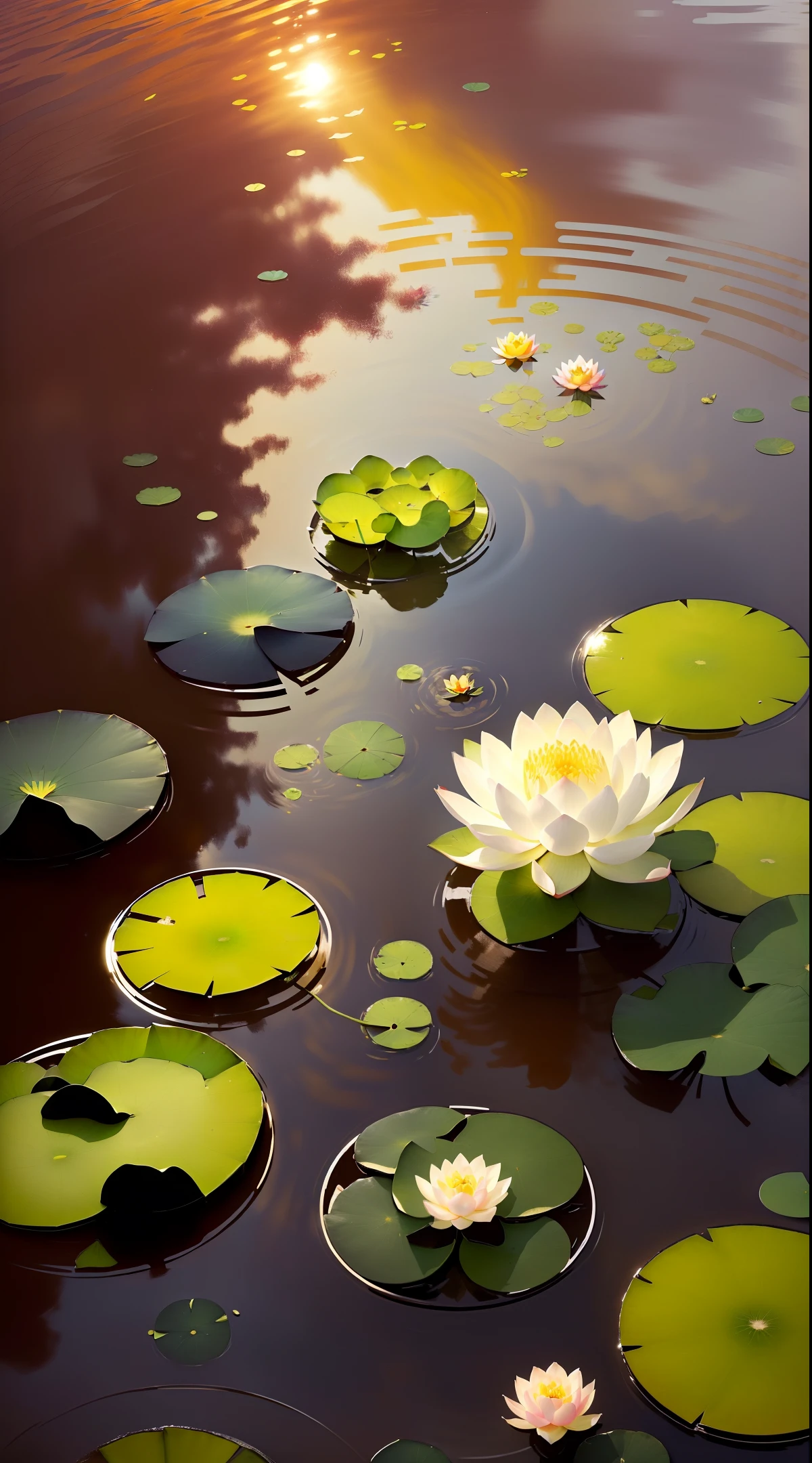 A masterpiece, exquisite. Deep in the lotus pond (colorful, vivid, sunshine, cool light: 1.2), there are a few lotus leaves in the pond. Lotus leaves have a clear texture. At night, the frog on the lotus leaf, a firefly, left a blank space