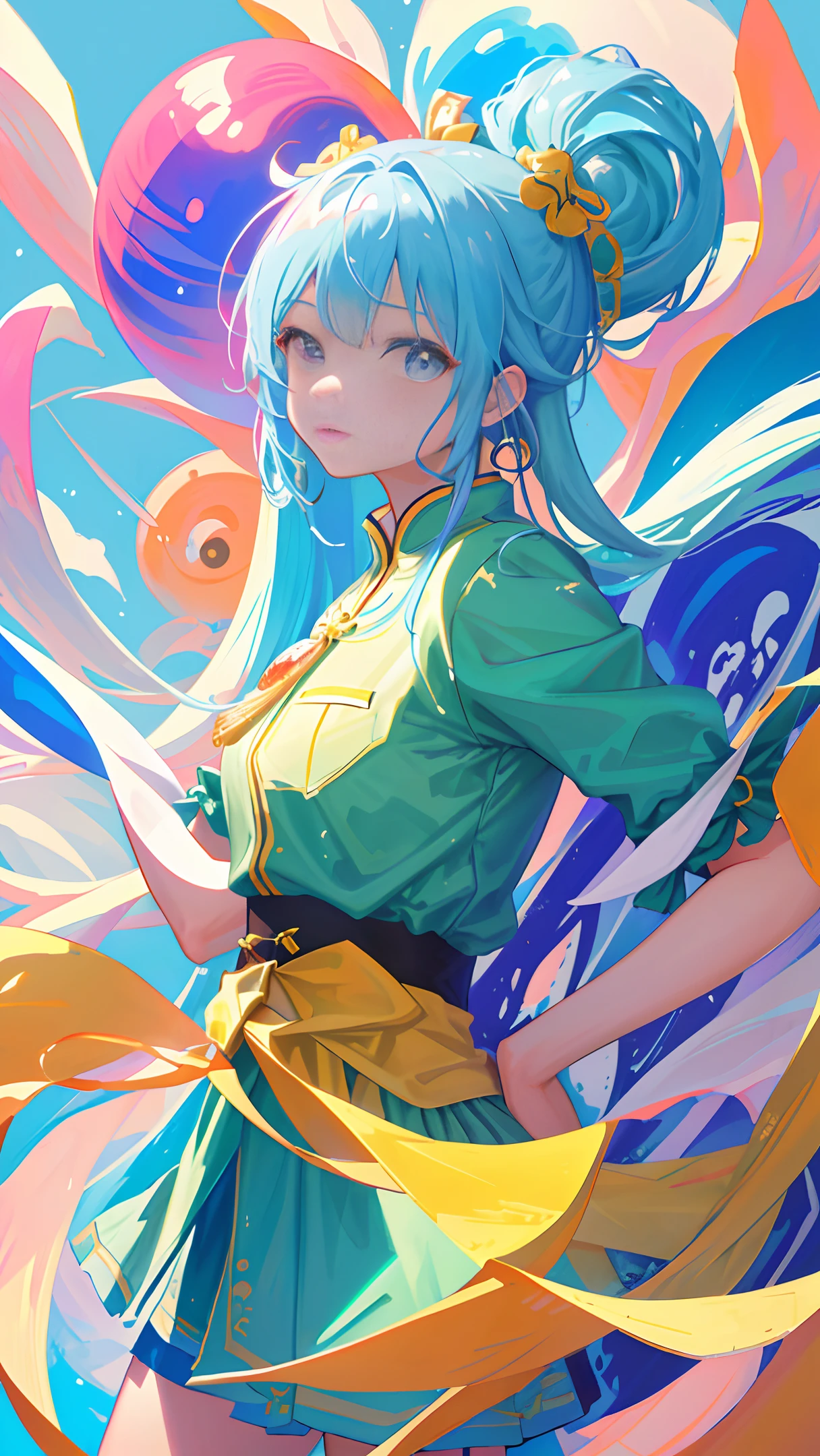 (masterpiece), (best quality), (ultra detailed),(乱发),(illustration), (1girl), (Fashionable clothing), standing,Fashion model, looking at viewer, (interview), (simple background),美丽细致的眼睛,精致美颜,漂浮,(高富和度),(colorful splashs),colorful bubble,(shining),focus on face,