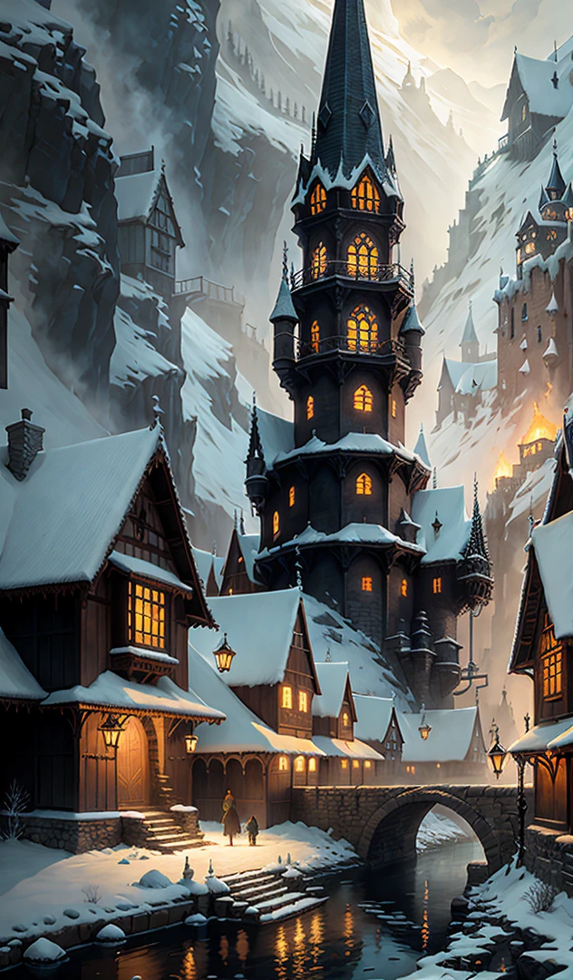 medieval fantasy village, gothic architecture, steps, riverside, beautiful, mysterious, lovely, water, fantasy, picturesque, threatening the sky, winter, intricate details, detailed, dramatic lighting, contrast of light and dark, conceptual art, digital art, Jordan Grimmer, Darek Zabrocki