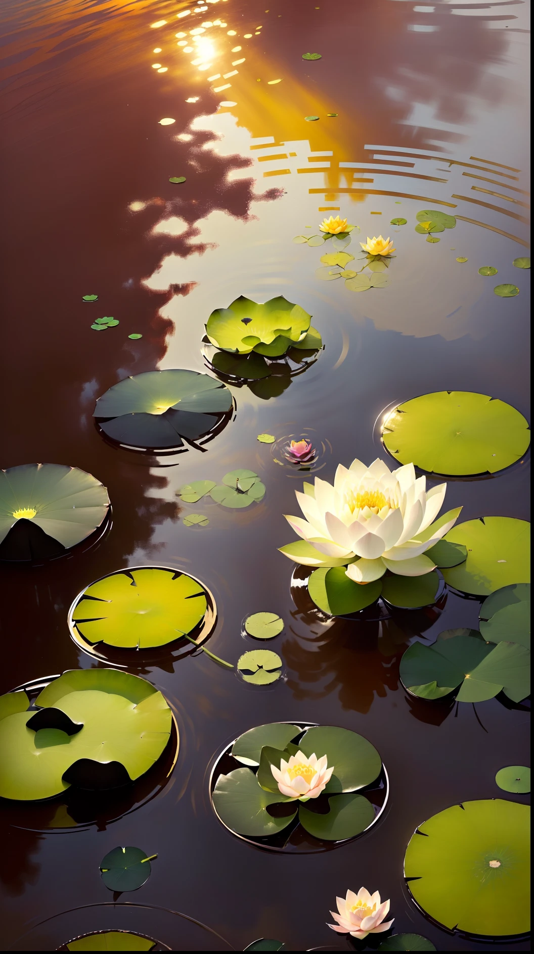 A masterpiece, exquisite. Deep in the lotus pond (colorful, vivid, sunshine, cool light: 1.2), there are a few lotus leaves in the pond. The lotus leaves have a clear texture. At night, a frog on a lotus leaf, a firefly, leave a blank