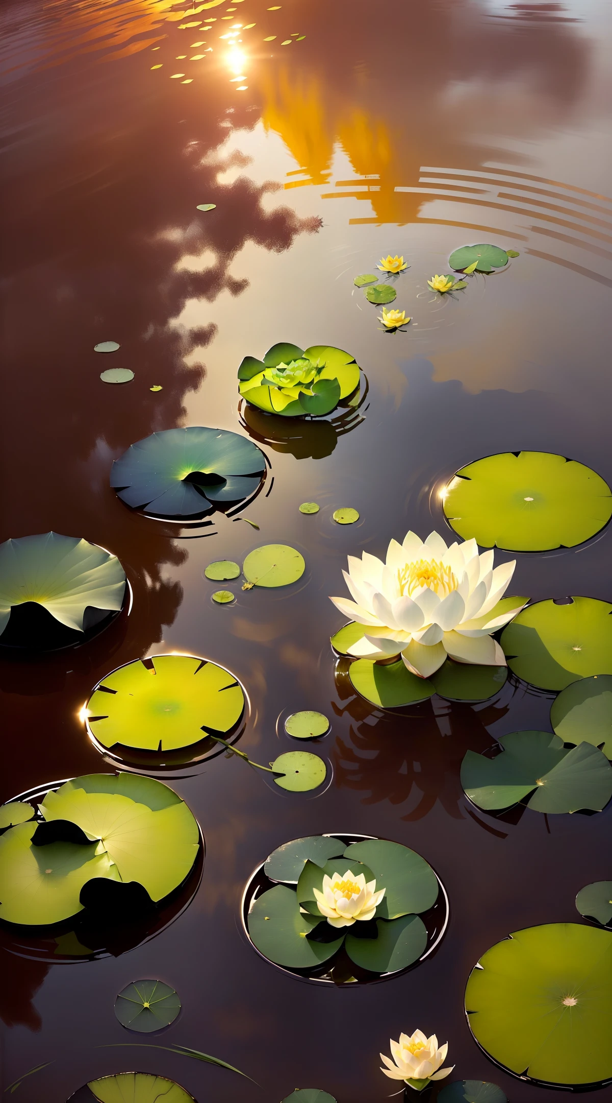 A masterpiece, exquisite. Deep in the lotus pond (colorful, vivid, sunshine, cool light: 1.2), there are a few lotus leaves in the pond. Lotus leaves have a clear texture. At night, a frog on a lotus leaf, a firefly, a clear lotus leaf texture