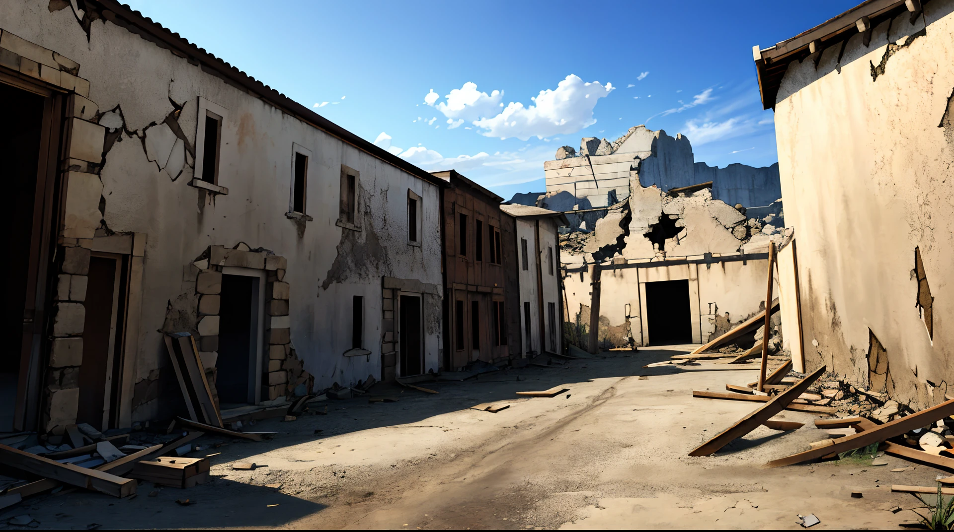 landscape, scenery, no humans, building, wide shot, semi realistic, masterpiece, sharp focus, ultra detailed, absurdres, highres, dynamic lighting, collapse, dusty, asphalt