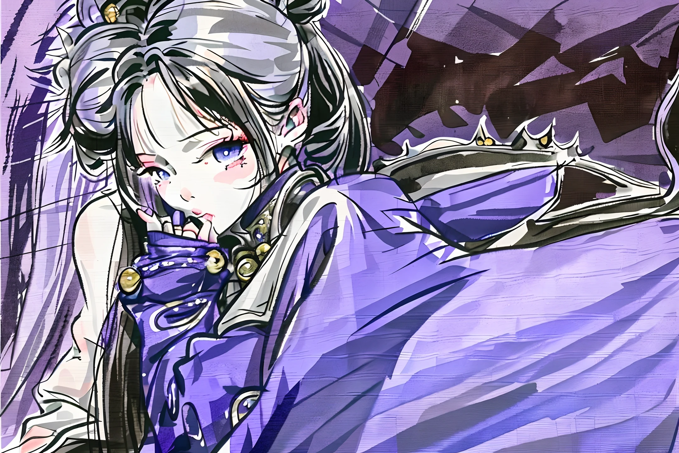 Purple hair, Chinese style, high ponytail, single ponytail, long jacket, long knife, fur collar jacket, purple eyes, comic style, light purple lining, fairy style, crown, cigarette bag