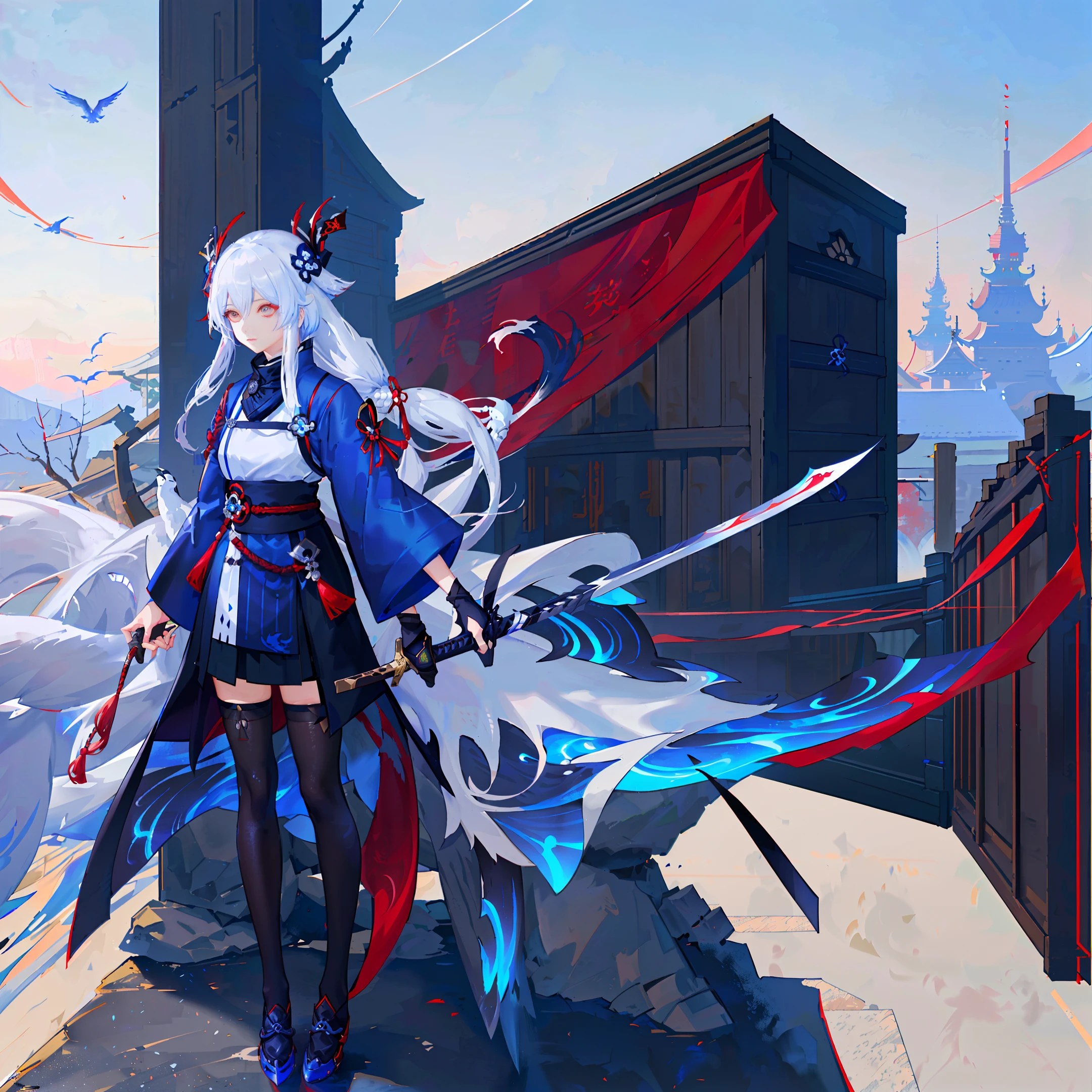 anime girl with long white hair and a sword in front of a bird, onmyoji detailed art, from arknights, guweiz on pixiv artstation, ayaka genshin impact, guweiz on artstation pixiv, white haired deity, onmyoji, keqing from genshin impact, genshin, onmyoji portrait.