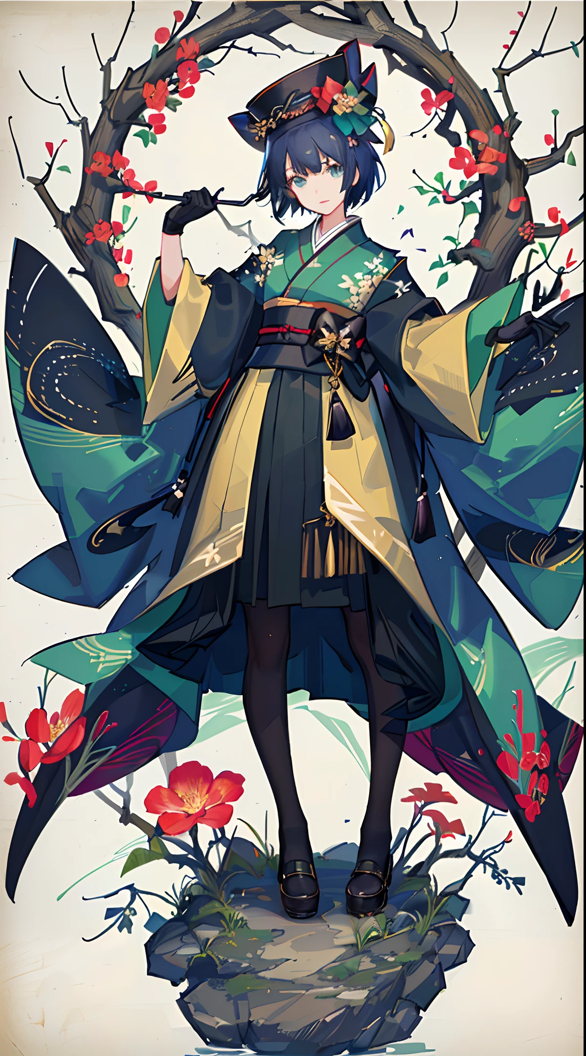 1girl, gloves, solo, coat, flower, hat, black gloves, skirt, hakama, looking at viewer, flaxen short hair, kimono, short hair, official alternate costume, green hakama skirt, black headwear, flower, blue eyes, bangs, wide sleeves, standing,little black hat