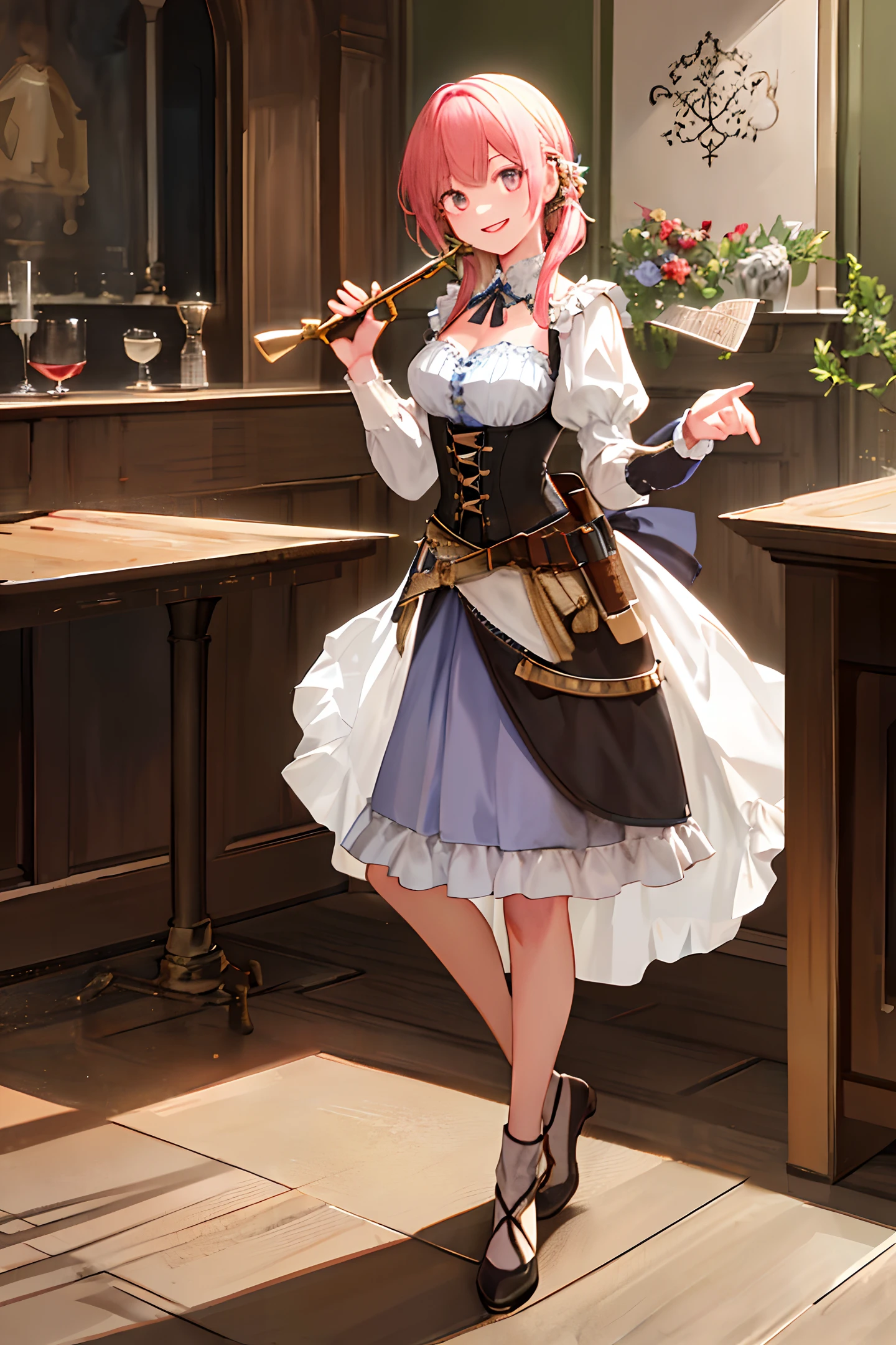 masterpiece, high quality, ultra-detailed CG Unity 8k wallpaper, best illustrations, best shadows, realistic lighting, exquisite glowing details, minder, full body shot, beautiful and exquisite smile, facial expression, emotional facial expression, charming woman, wearing a dress and a corset, in a medieval tavern, holding a musical instrument with one hand, standing, harp, belt, adventurer, magic,