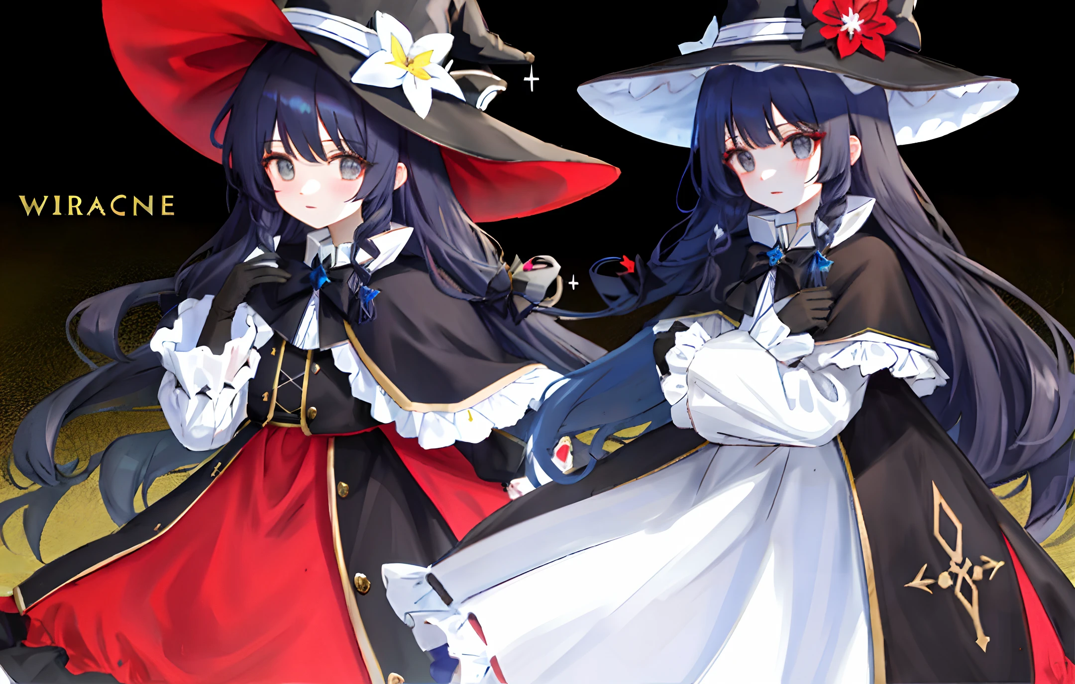 skeleton, 1girl, flower, solo, black hair, hat, long hair, gloves, bone, black gloves, looking at viewer, long sleeves, hair flower, bangs, hair between eyes, hair ornament, spine, witch hat, white flower, frills, puffy sleeves, multicolored hair, capelet, black headwear, parted lips, hands on headwear, hat flower, black skirt, puffy long sleeves, colored inner hair, very long hair, skirt, bow