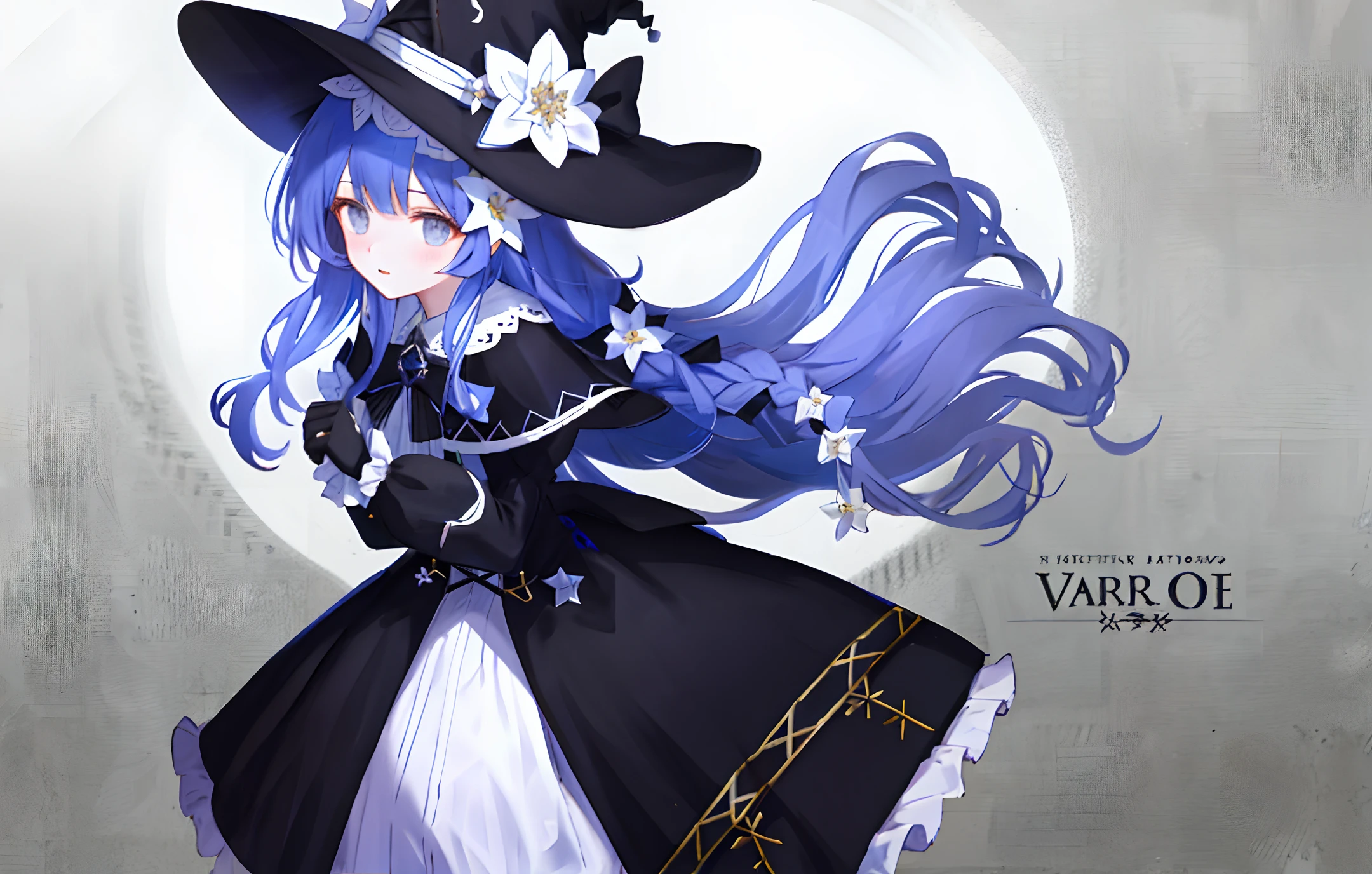 skeleton, 1girl, flower, solo, black hair, hat, long hair, gloves, bone, black gloves, looking at viewer, long sleeves, hair flower, bangs, hair between eyes, hair ornament, spine, witch hat, white flower, frills, puffy sleeves, multicolored hair, capelet, black headwear, parted lips, hands on headwear, hat flower, black skirt, puffy long sleeves, colored inner hair, very long hair, skirt, bow