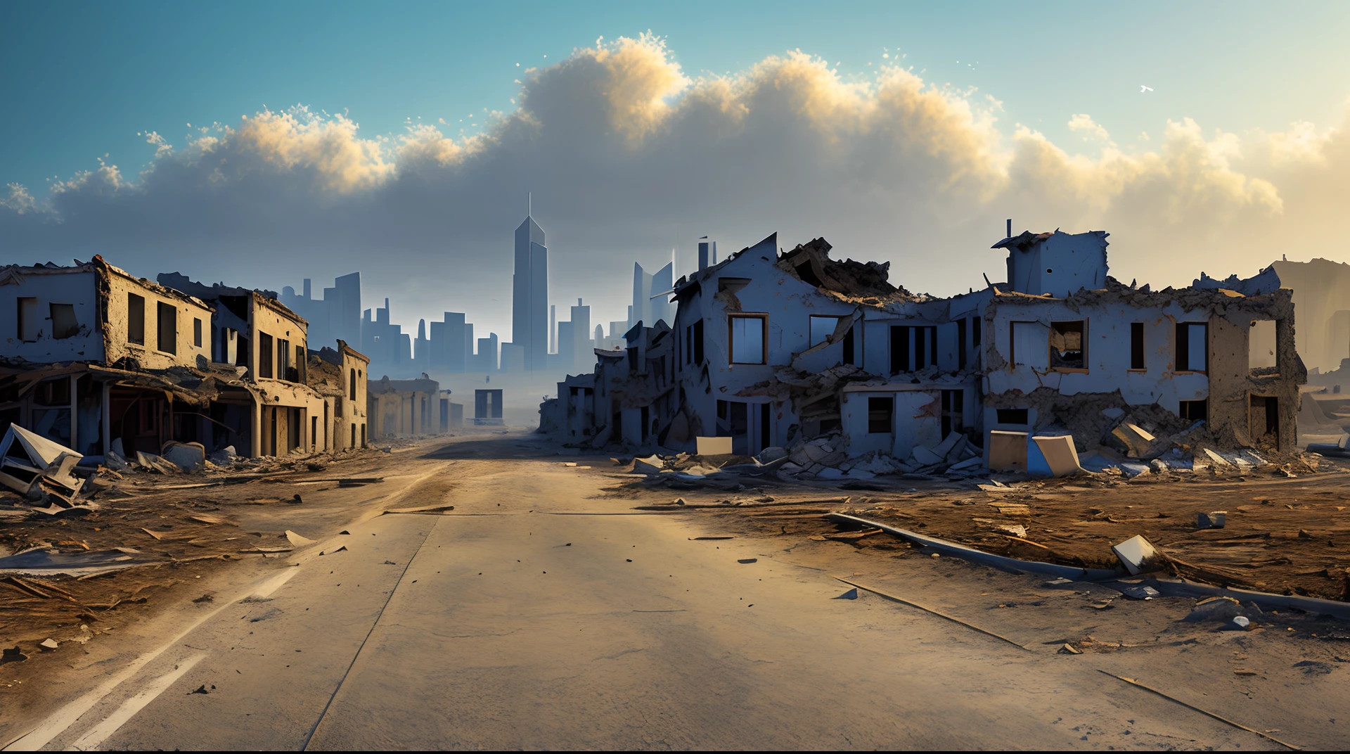 landscape, scenery, no humans, building, wide shot, digital painting, masterpiece, sharp focus, ultra detailed, absurdres, highres, dynamic lighting, collapse, dusty, asphalt, Edge lighting, (Dilapidated, deserted), rutkowski
