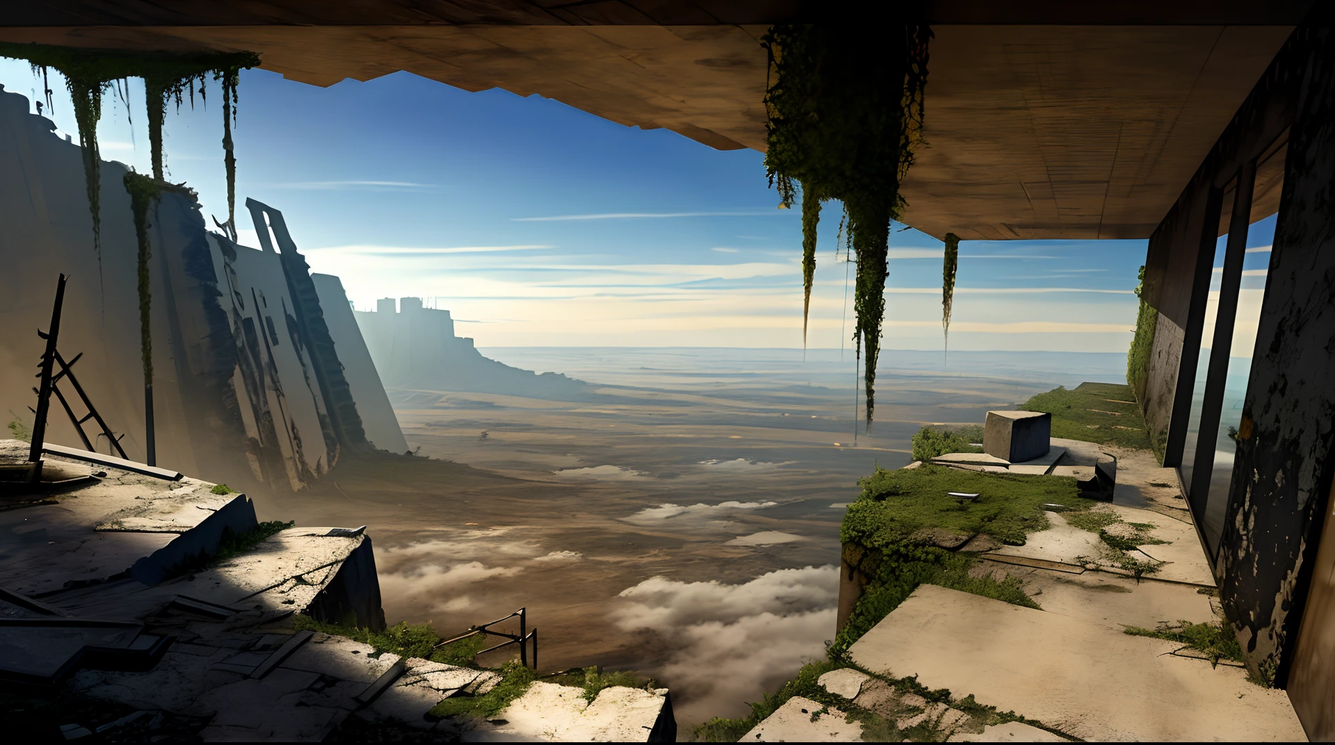 landscape, scenery, no humans, building, wide shot, semi realistic, masterpiece, ultra detailed, absurdres, dynamic lighting, post-apocalypse, collapse, dusty, overgrown, asphalt, ruins