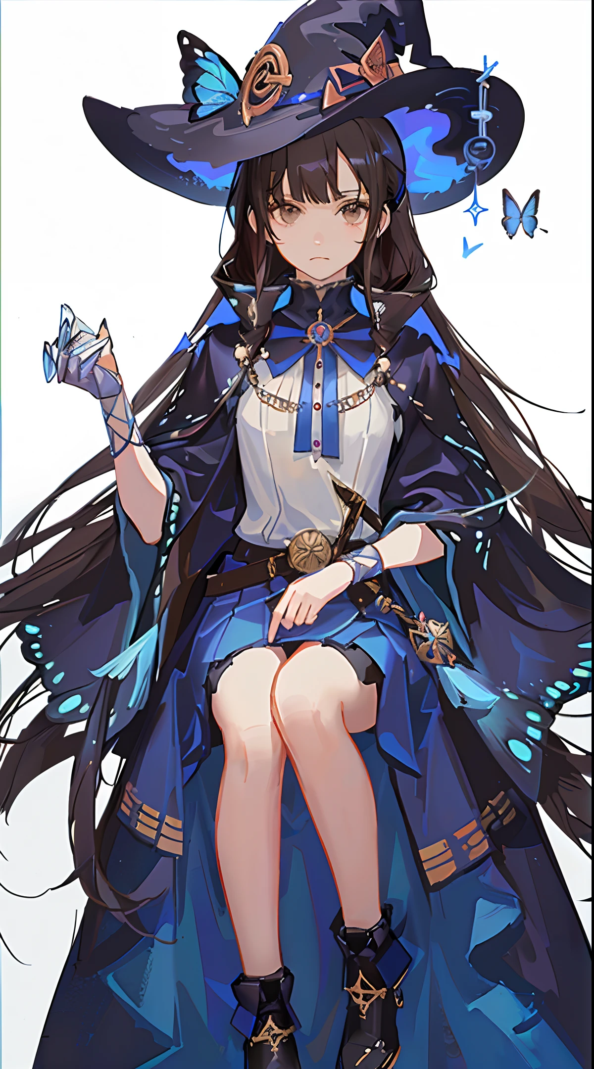 colorful butterfly, teenage girl, full body, witch hat, (detailed face: 1.2), tarot border, centered portrait, (no weapon), medium hair, dark hair, double ponytail, blunt bangs, brown eyes,
