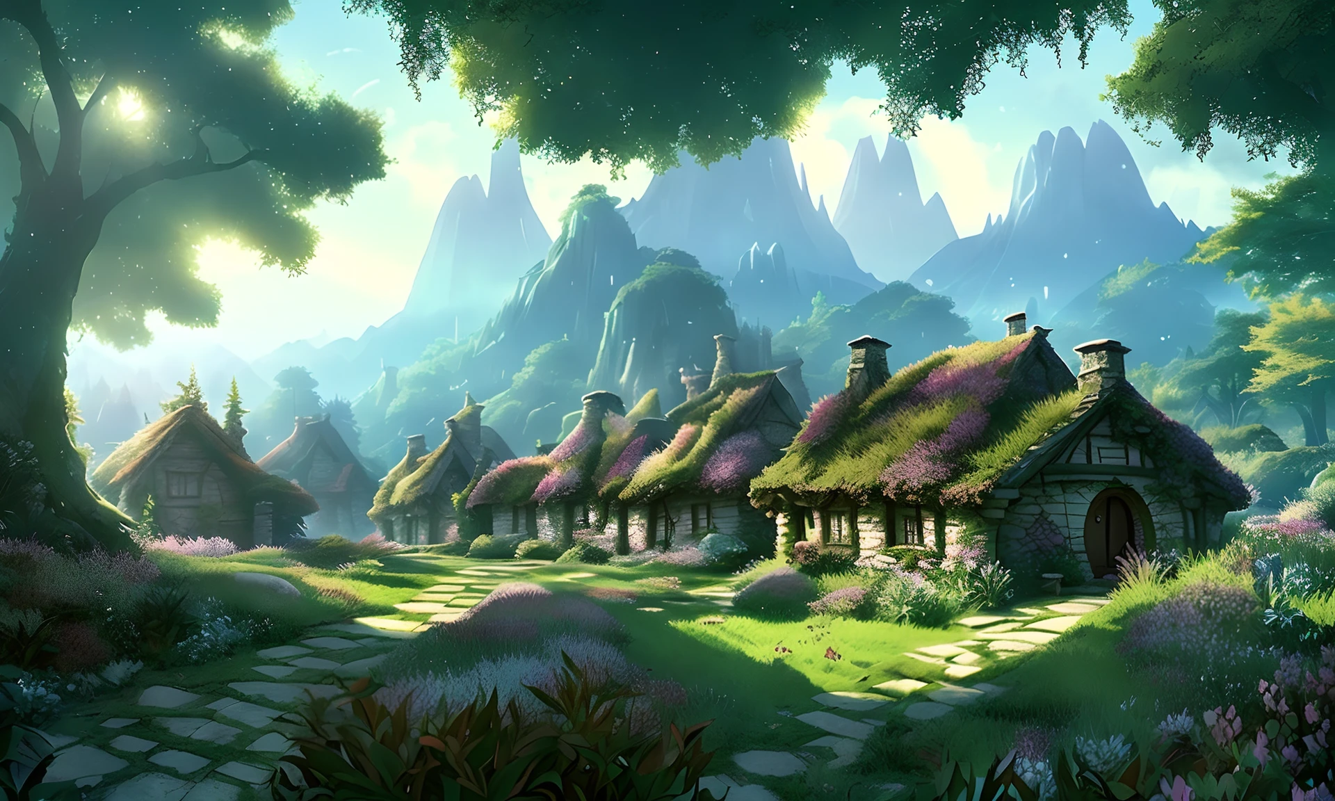 landscape hobbit village, houses with round windows and doors, small garden with small flowers, in the background a fantastic spring elf forest, flowers, sunlight, mountains in the fog . high quality, hobbit movie, lord of the rings movie (стиль lndskp) и (стиль красного смещения: 1.2) и (nvinkpunk: 1.2)