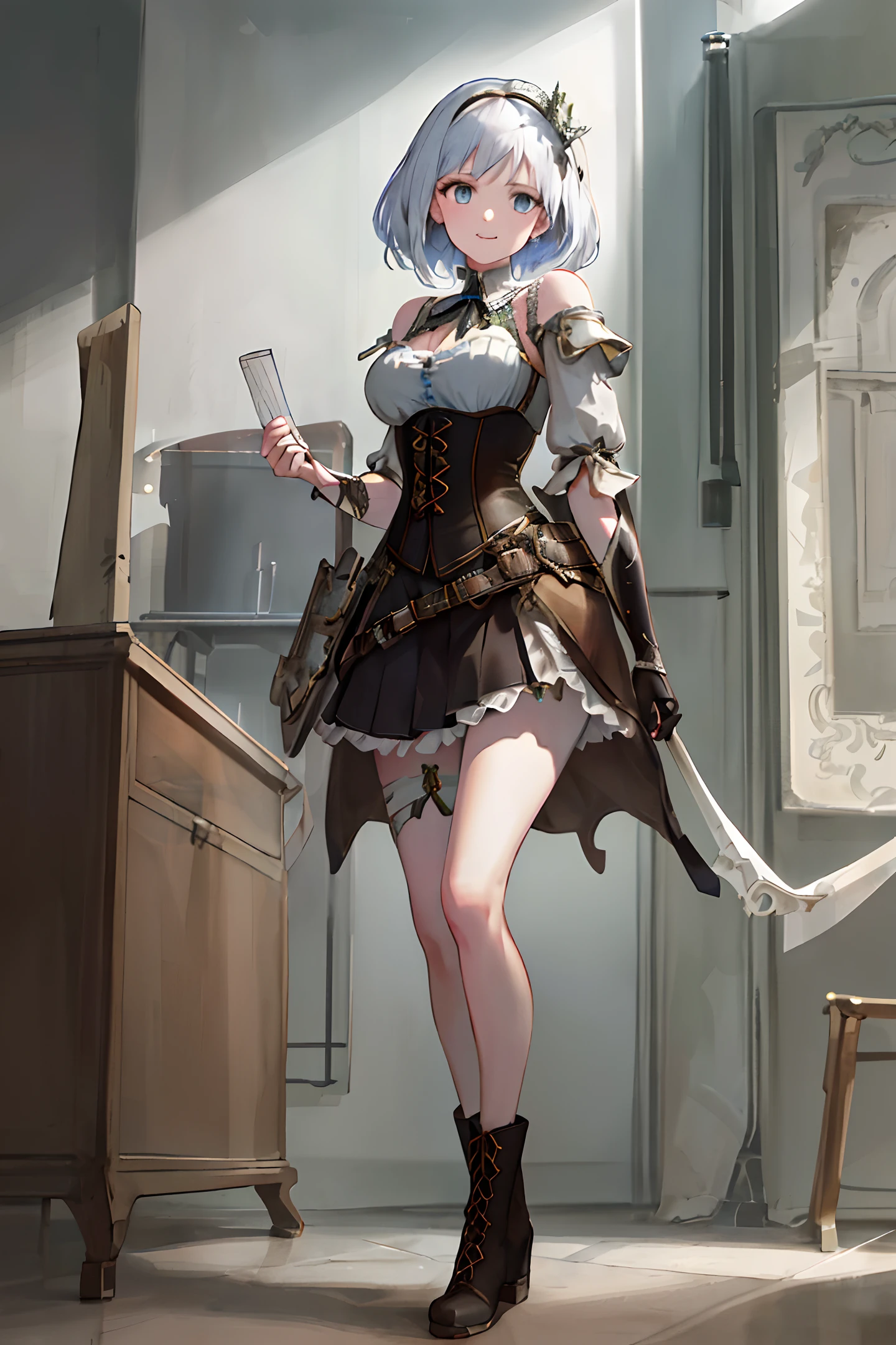 (1 girl) Masterpiece, ray tracing, delicate slim figure and graceful curves, correct limbs, masterpiece, high quality, ultra-detailed CG Unity 8k wallpaper, best illustrations, best shadows, realistic lighting, delicate smile, exquisite expression, emotional expression, charming woman, handheld musical instrument, dress, boots, natural background, good anatomy, corset, pretty eyes, pretty eyes, pretty eyes, pretty eyes, pretty eyes, pretty eyes, pretty eyes, pretty medieval theater company, standing, belt, belt, adventurer, magic, elegance pretty background, Shin background, pretty background Alkyl value rendering, HR Giger style, 8k, beautifully illustrated, very beautiful, wallpaper, amazing, detailed, masterpiece, best quality, very detailed CG unified 8k wallpaper, full body, boots, white stockings
