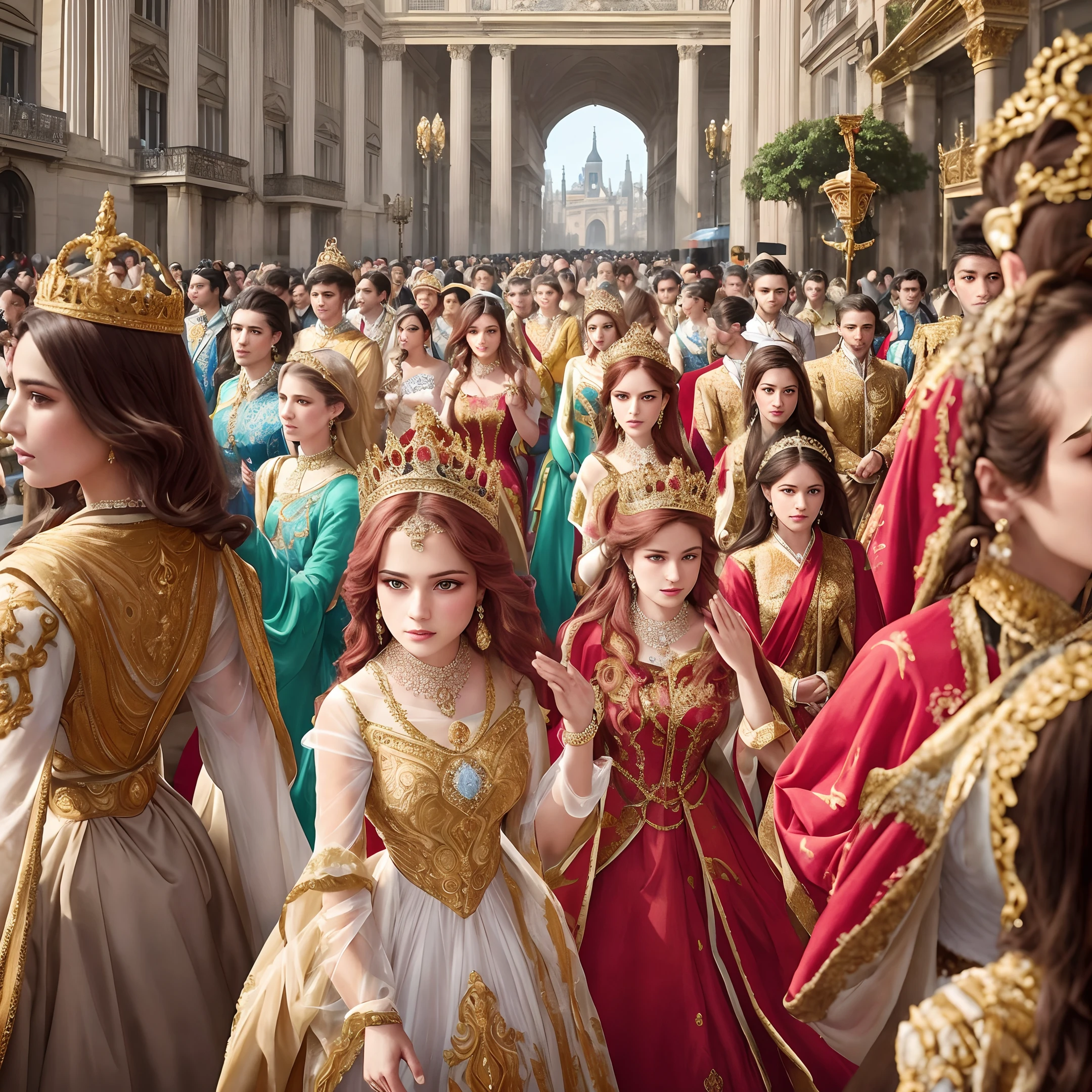 (masterpiece, best ultra quality, hyper realistic by ultra high res, sharp realistic photo, 8k real picture, ultra intricate details, strong depth of field, detailed face, detailed eyes):1.5, (from toes to head:1.15), (lot of crowd:1.3), looking at viewer
Style - Fantasy, Realisitc
Locate - Crowded street in a city
Background - A French cityscape with buildings and people
Subject - Two princesses, around 18 years old, (Joe has short pink hair at left) and (Amy has brown hair by ponytail at right)
View - A frontal or slightly tilted view of the princesses, surrounded by a large crowd of people, with some important officials or guards beside them
Appearance - These princesses are dressed in a regal and elegant also ((hollow translucent)) gown with intricate and sexy, with a crown or a tiara on their head, and some royal jewelry, each one a meticulously adorned and crafted masterpiece in clothes and accessories by luxurious
Outfit - Each one long gown with intricate designs by China and French court style exquisite embroidered, made of luxurious fabric, a meticulously crafted masterpiece by a renowned artist
Pose - They are walking forward, with their heads held high and their gaze fixed straight ahead, showing confidence and expose their instinctual drive to mate desire
Details - The crowd behind them can be shown in different poses, with some people bowing or saluting them, while others are cheering or waving flags
Effects - A sense of motion can be created by showing these princesses's gown and hair flowing in the wind, and the crowd in motion around
Description - The artwork portrays two princesses on a royal procession, marching among a diverse crowd, with a determined expression and showing desire on their face
The 19th century French cityscape in background adds to historical feel of the artwork, and the regal luxurious attire and jewelry of these princesses add to the elegance and grandeur of the overall scene