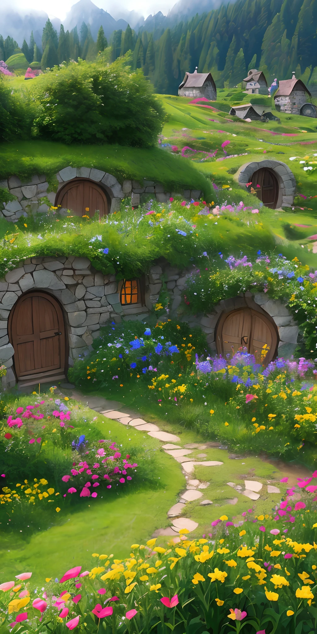 landscape hobbit village, houses with round windows and doors, small garden with small flowers, in the background a fantastic spring elf forest, flowers, sunlight, mountains in the fog . high quality, hobbit movie, lord of the rings movie шедевр, лучшее качество, высокое качество, предельно детализированные обои CG unity 8k Яркий весенний пейзаж, разрывающийся новой жизнью и цветом, объемное освещение