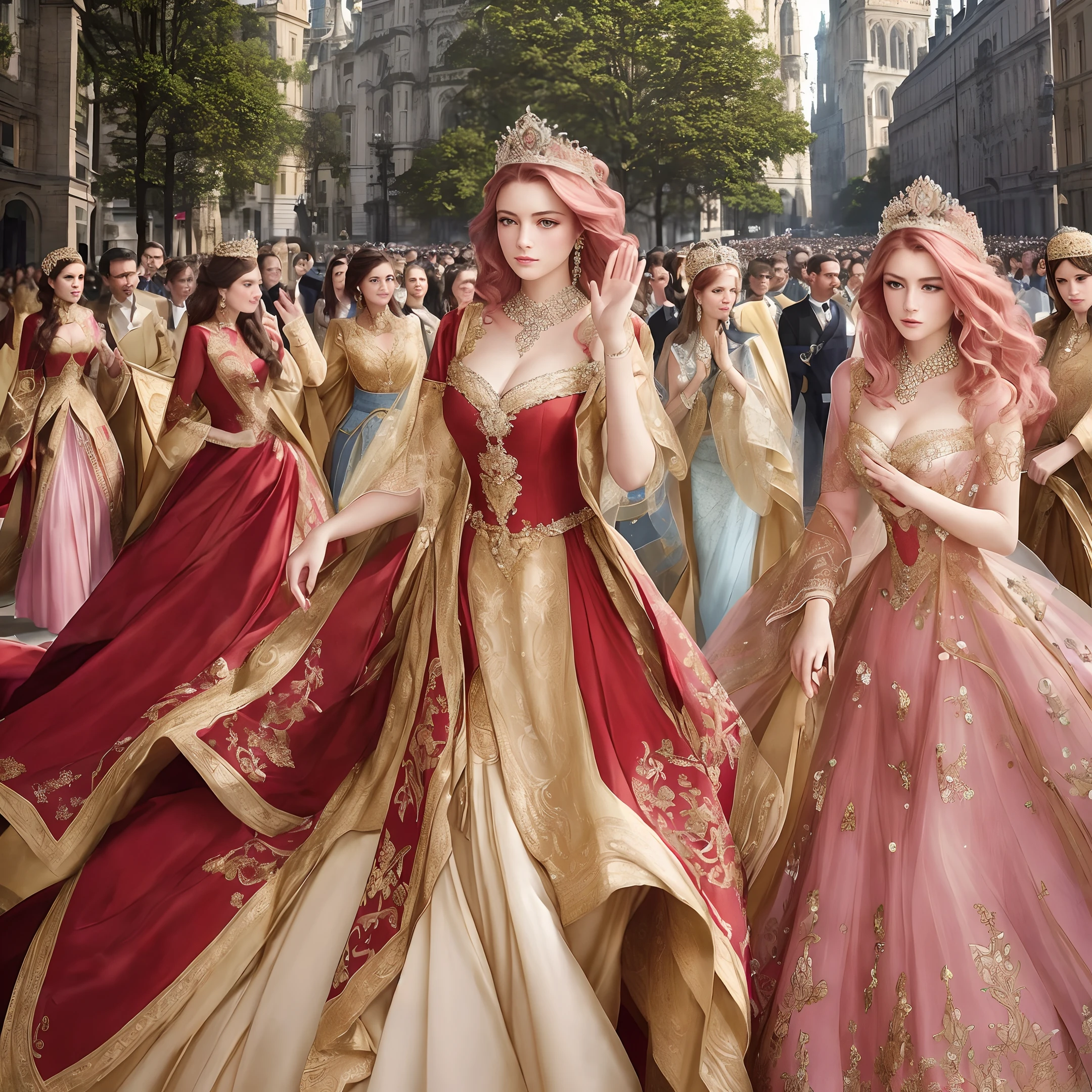 (Masterpiece, best ultra high quality, ultra realistic, ultra realistic, sharp realistic photo, 8k real pictures, ultra-complex details, powerful depth of field, delicate face, delicate eyes): 1.5, (from toe to head: 1.15), (many crowds: 1.3), watching the audience
Style - Fantasy, Reality
Positioning - Crowded streets in the city
Background - French cityscape with buildings in
Theme - Two princesses, about 18 years old, (Joe has short pink hair on the left) and (Amy's right has brown hair, ponytail)
View - front or slightly angled view of the princess, surrounded by a large group of people with some important officers or guards next to it
Look - these princesses are dressed in gorgeous and elegant ((hollow translucent) dresses, intricate and sexy, with a crown or tiara on their heads, and some royal jewelry, each of a masterpiece carefully decorated and crafted in luxurious outfits and accessories
Set - Intricate design with delicate embroidery in Chinese and French court style for each long dress, made of luxurious fabrics, masterpieces crafted by famous artists
Poses - they are walking forward, head high, gaze fixed directly to the front, showing confidence and exposing their instinctive drives to mate desires
Details - the crowd behind them can be shown in different poses, some bow or salute them, while others cheer or waving a flag
EFFECTS - Create a sense of movement by showing these princesses dresses and hair flowing in the wind as well as the crowd moving around
Description — This artwork depicts two princesses in the royal parade, marching in different crowds, with a firm expression and showing desire on their faces
The backdrop adds a sense of history to the artwork to the 19th century French cityscape, these princesss' luxurious outfits and jewelry add elegance and grandeur to the overall scene