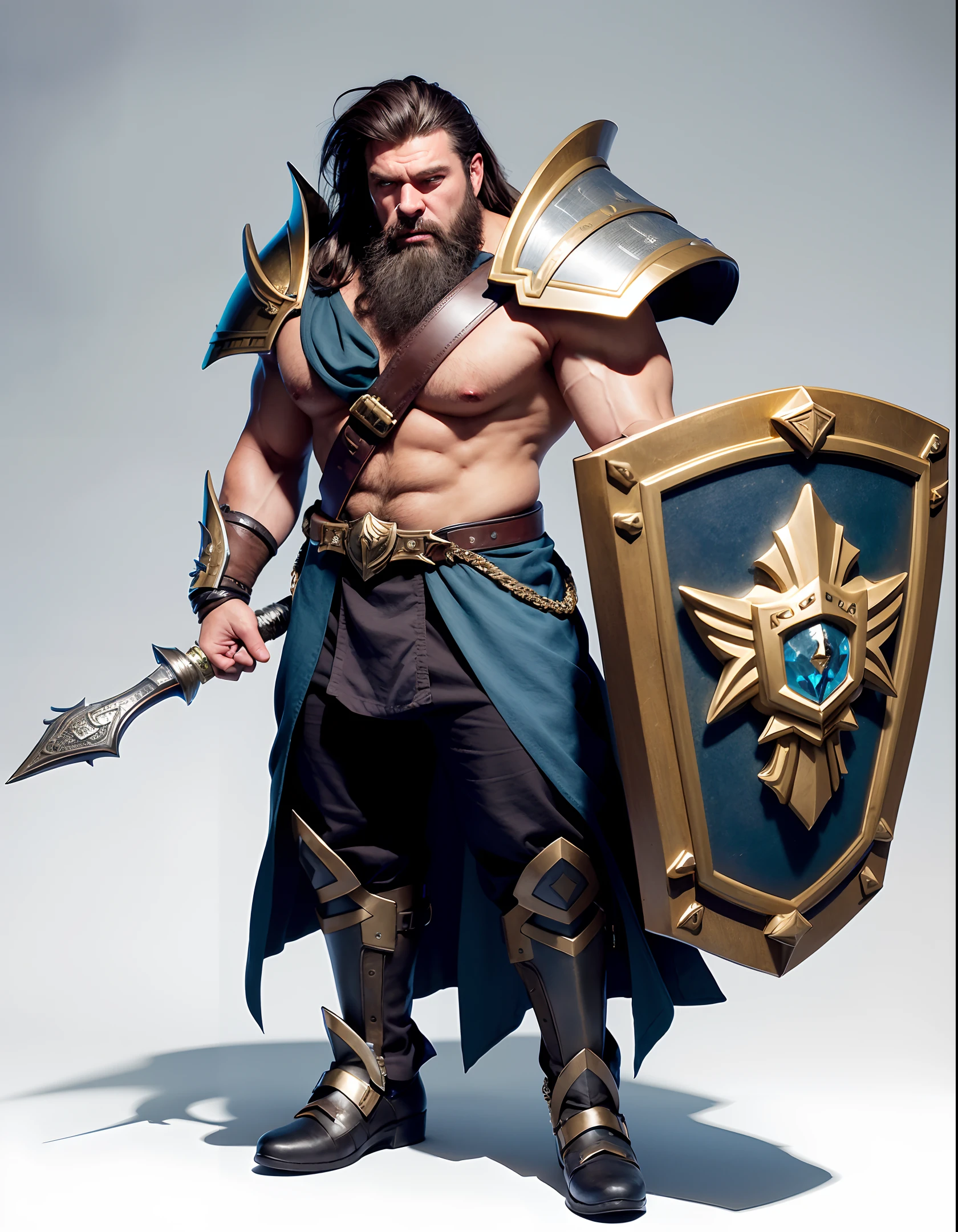 (Best Quality)), (Ultra Detailed), (Impression)), Photo, Scene: Mine, Appearance: Muscular. Wearing keychain armor, movement: fighting gesture, expression: calm, huge warhammer, person holding a shield, a close-up of a man with a beard and beard ring, a six-pointed star tattoo on his forehead, full body portrait of a veteran character artist, Artstation contest winner, fantasy art, fantasy character concept art, fantasy concept art, fantasy concept art, concept portrait art, painted digital character, detailed full-body portrait of the character: 4K.