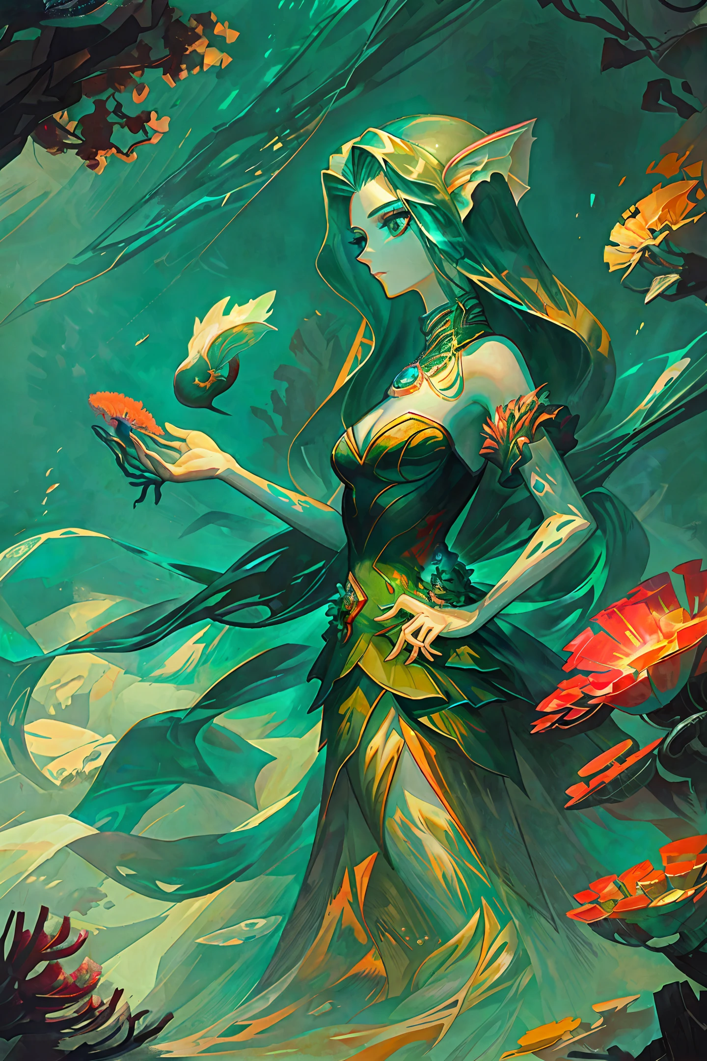 а deep under the water of the coral reef, there's a medusa that looks like a beautiful woman, the body is more emerald-colored, the structure is half a mermaid, but the tail is like a sea jellyfish, she looks at me from above, I look at her from below, a pearl in her hands, the twilight is all around