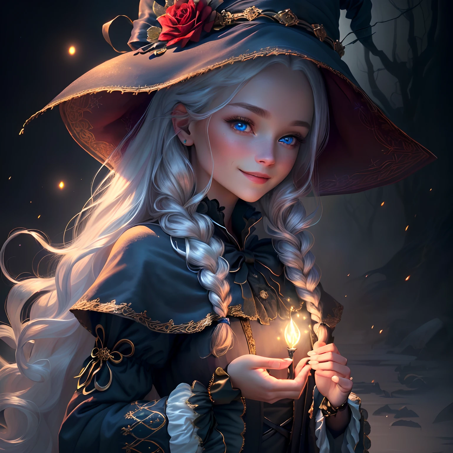 (extremely detailed CG unity 8k wallpaper, masterpiece, best quality, super detail), (charming and charming girl in a deep witch hat decorated with gorgeous golden braids and a charming red rose), (dynamic view, dazzling blue eyes, long silver hair: 1.3, exquisite collection, enchanting smile), (background of magic and mystery, firefly lights, glowing particles, ethereal fog and a shade of darkness), high saturation.