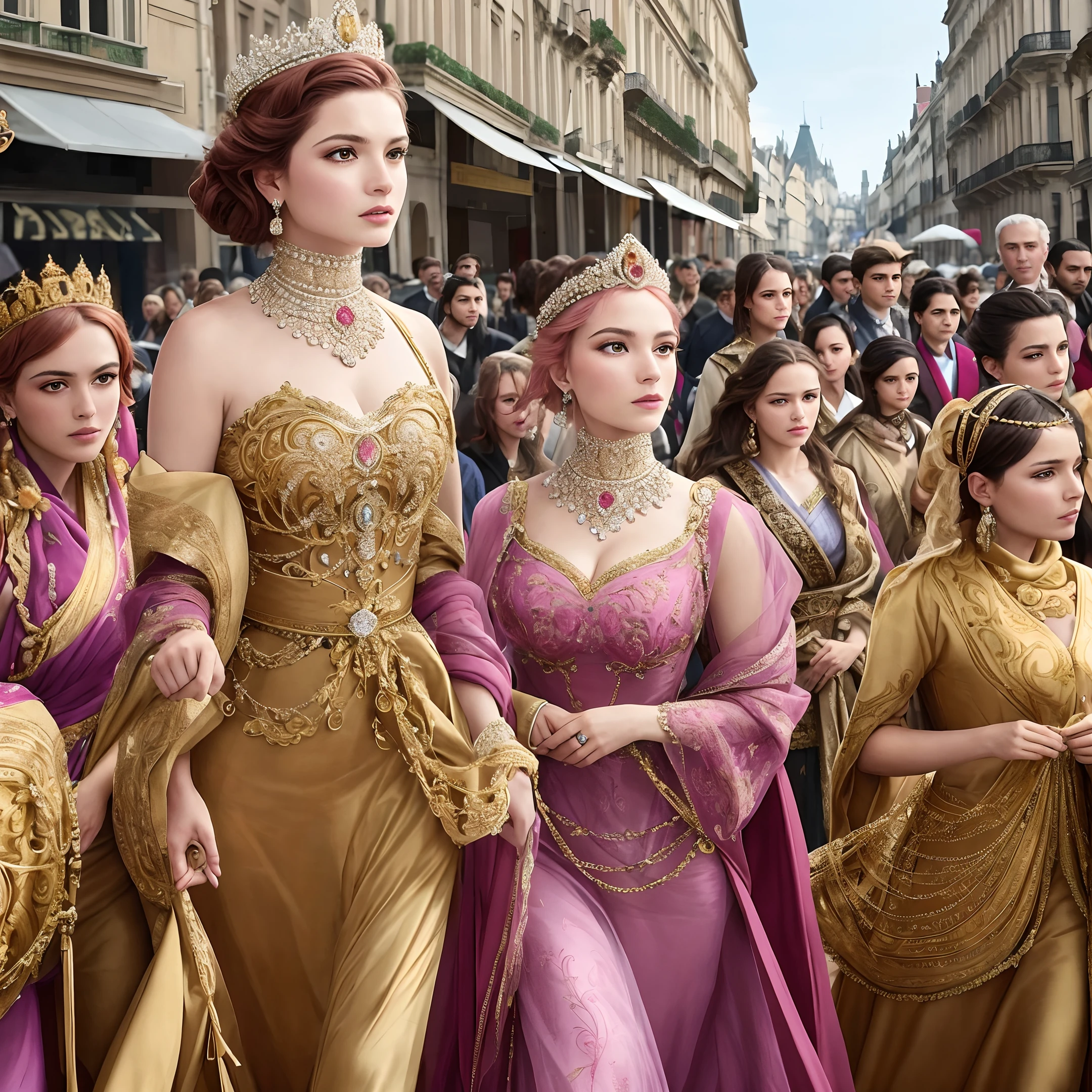 (masterpiece, best ultra quality, hyper realistic by ultra high res, sharp realistic photo, 8k real picture, ultra intricate details, strong depth of field, detailed face, detailed eyes):1.5, (from toes to head:1.15), (lot of crowd:1.3), looking at viewer
Style - Fantasy, Realisitc
Locate - Crowded street in a city
Background - A French cityscape with buildings and people
Subject - Two princesses, around 18 years old, (Joe has short pink hair at left) and (Amy has brown hair by ponytail at right)
View - A frontal or slightly tilted view of the princesses, surrounded by a large crowd of people, with some important officials or guards beside them
Appearance - These princesses are dressed in a regal and elegant also ((hollow translucent)) gown with intricate and sexy, with a crown or a tiara on their head, and some royal jewelry, each one a meticulously adorned and crafted masterpiece in clothes and accessories by luxurious
Outfit - Each one long gown with intricate designs by China and French court style exquisite embroidered, made of luxurious fabric, a meticulously crafted masterpiece by a renowned artist
Pose - They are walking forward, with their heads held high and their gaze fixed straight ahead, showing confidence and expose their instinctual drive to mate desire
Details - The crowd behind them can be shown in different poses, with some people bowing or saluting them, while others are cheering or waving flags
Effects - A sense of motion can be created by showing these princesses's gown and hair flowing in the wind, and the crowd in motion around
Description - The artwork portrays two princesses on a royal procession, marching among a diverse crowd, with a determined expression and showing desire on their face
The 19th century French cityscape in background adds to historical feel of the artwork, and the regal luxurious attire and jewelry of these princesses add to the elegance and grandeur of the overall scene