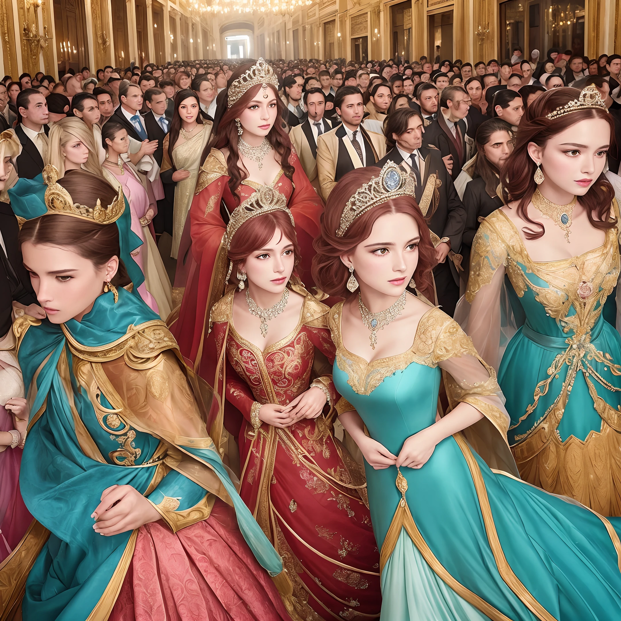 (masterpiece, best ultra quality, hyper realistic by ultra high res, sharp realistic photo, 8k real picture, ultra intricate details, strong depth of field, detailed face, detailed eyes):1.5, (from toes to head:1.15), (lot of crowd:1.3), looking at viewer
Style - Fantasy, Realisitc
Locate - Crowded street in a city
Background - A French cityscape with buildings and people
Subject - Two princesses, around 18 years old, (Joe has short pink hair at left) and (Amy has brown hair by ponytail at right)
View - A frontal or slightly tilted view of the princesses, surrounded by a large crowd of people, with some important officials or guards beside them
Appearance - These princesses are dressed in a regal and elegant also ((hollow translucent)) gown with intricate and sexy, with a crown or a tiara on their head, and some royal jewelry, each one a meticulously adorned and crafted masterpiece in clothes and accessories by luxurious
Outfit - Each one long gown with intricate designs by China and French court style exquisite embroidered, made of luxurious fabric, a meticulously crafted masterpiece by a renowned artist
Pose - They are walking forward, with their heads held high and their gaze fixed straight ahead, showing confidence and expose their instinctual drive to mate desire
Details - The crowd behind them can be shown in different poses, with some people bowing or saluting them, while others are cheering or waving flags
Effects - A sense of motion can be created by showing these princesses's gown and hair flowing in the wind, and the crowd in motion around
Description - The artwork portrays two princesses on a royal procession, marching among a diverse crowd, with a determined expression and showing desire on their face
The 19th century French cityscape in background adds to historical feel of the artwork, and the regal luxurious attire and jewelry of these princesses add to the elegance and grandeur of the overall scene