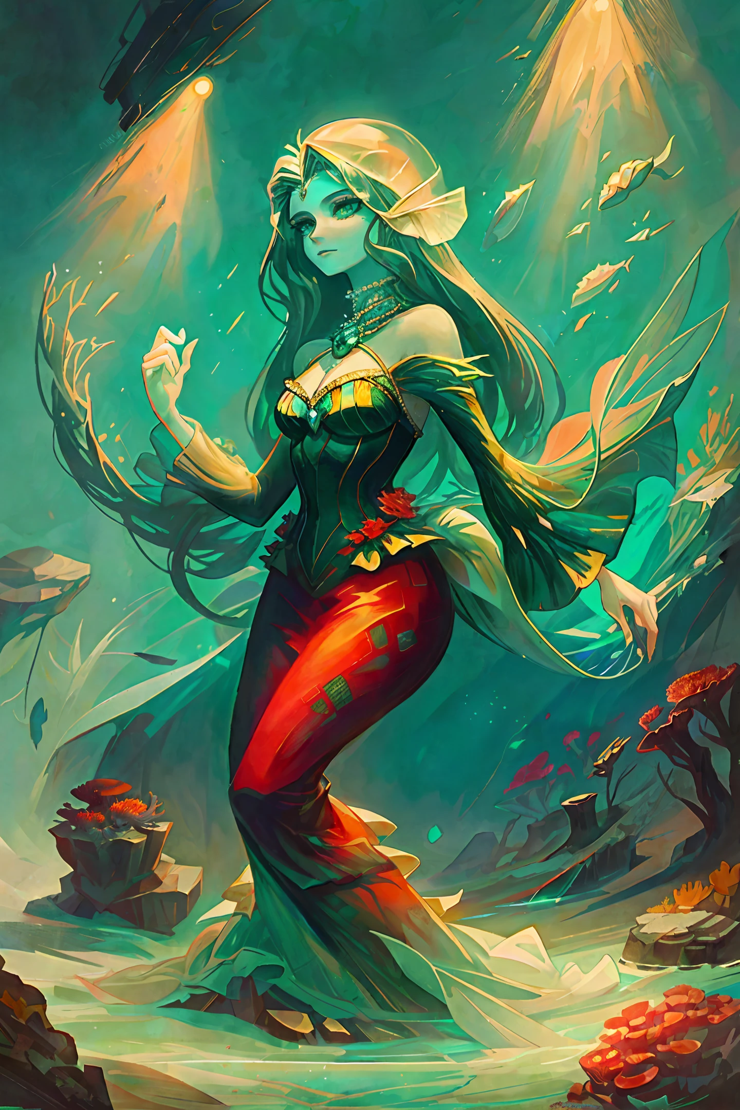а deep under the water of the coral reef, there's a medusa that looks like a beautiful woman, the body is more emerald-colored, the structure is half a mermaid, but the tail is like a sea jellyfish, she looks at me from above, I look at her from below, a pearl in her hands, the twilight is all around