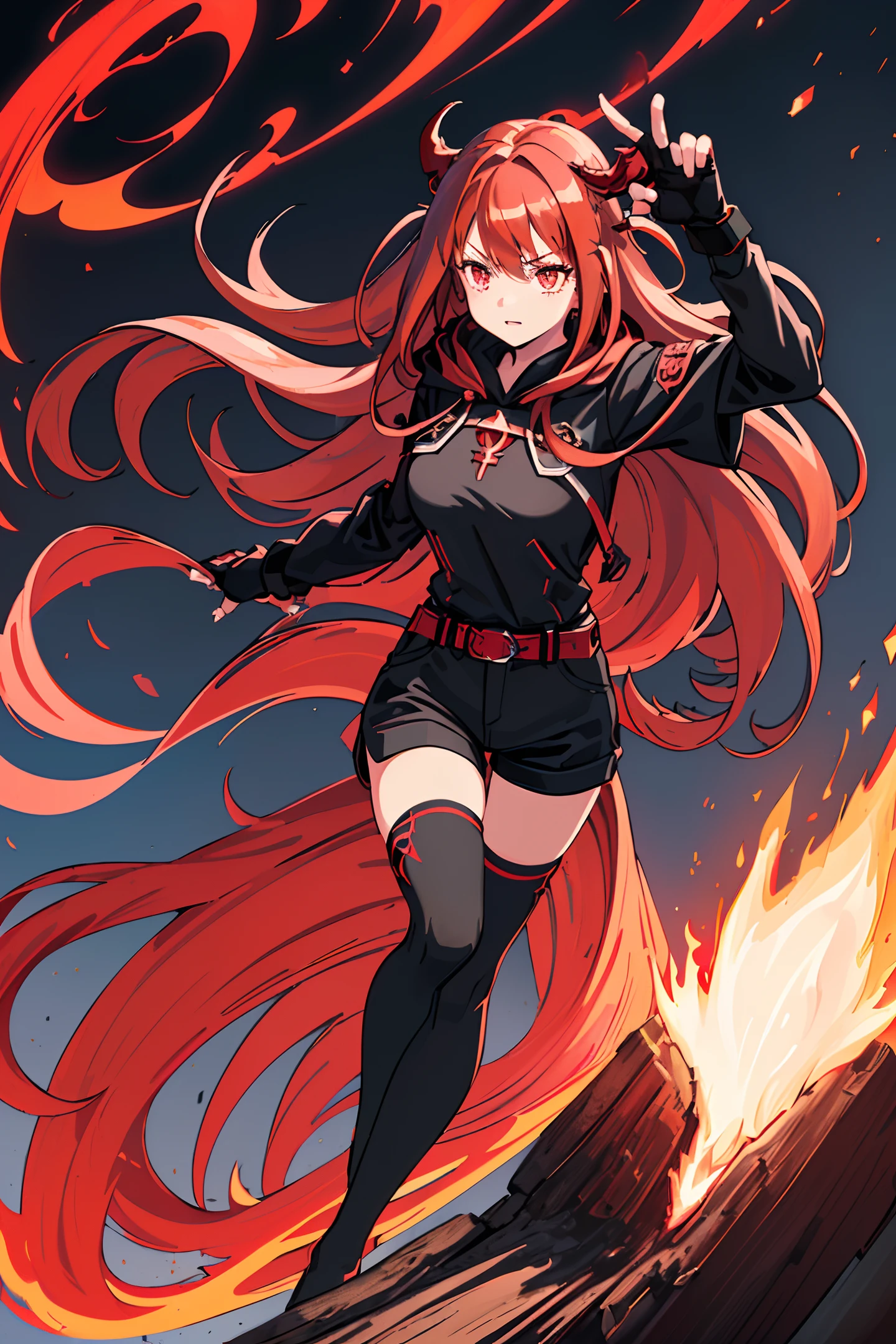 (ultra-detailed CG), (1 girl), (long crimson hair:1.7), (black hooded jacket:1.2), (black shirt:1.2), (black shorts:1.2), (tights socks:1.2), (glowing rune engravement on chest), (glowing crimson left eye), (glowing blue right eye), (fingerless gloves:1.2), big breasts, (crimson horns:1), fire witch, (blue flame particles, red flame particles), (black background:), high contrast