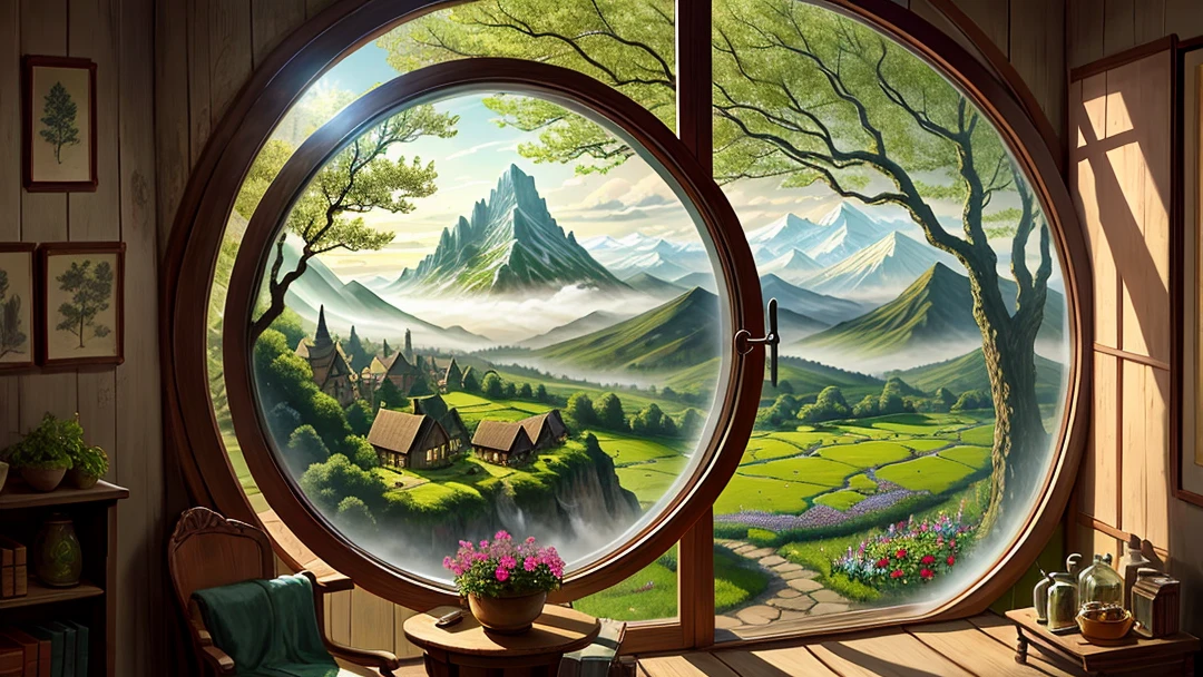 view from the round window with a beautiful art in the hobbit's house, it shows a fantastic spring landscape of trees, flowers, sunlight, elven forest, mountains in the mist in the background. high quality, hobbit , lord of the rings movie