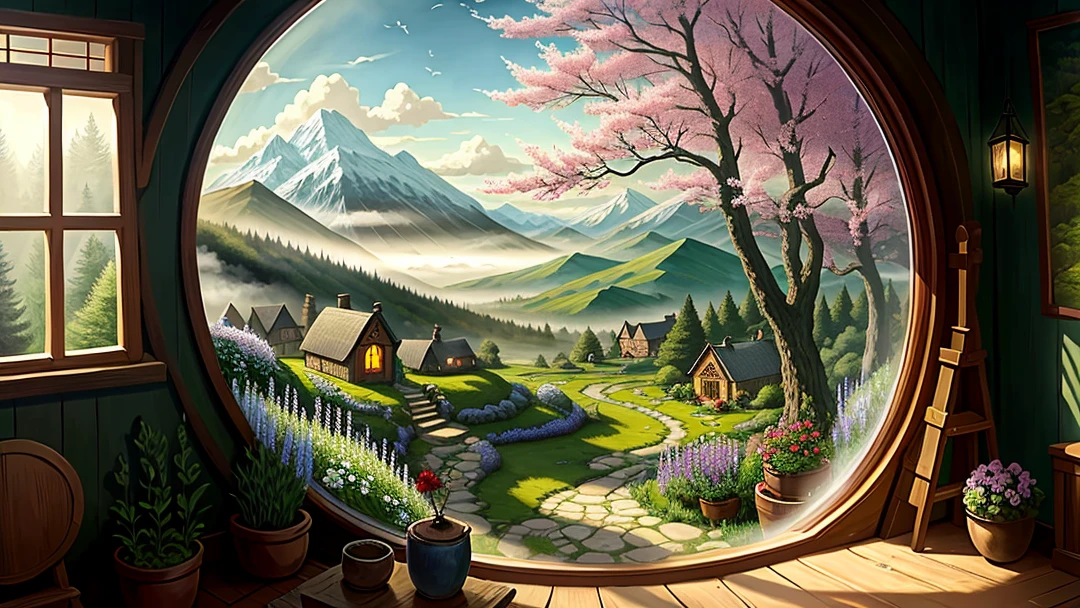 view from a round window with a beautiful pattern in the hobbit house, it shows a fantastic spring landscape of trees, flowers, sunlight, elven forest, mountains in the fog in the background. High Quality, Hobbit , Lord of the Rings Movie