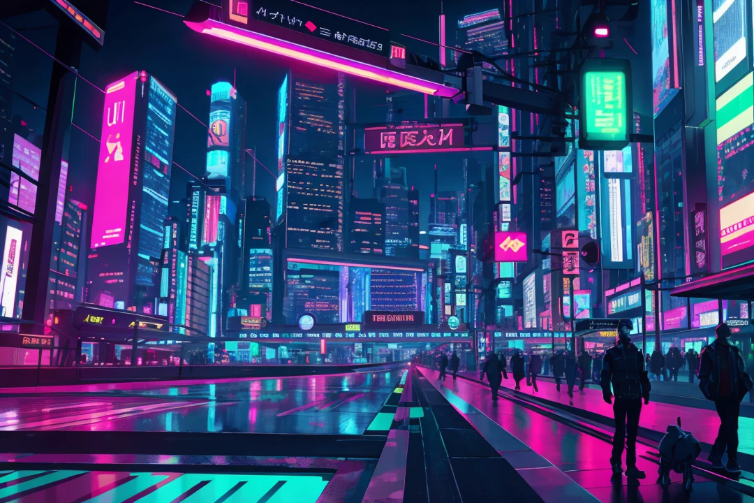 landscape, scenery, no humans, semi realistic, masterpiece, sharp focus, ultra detailed, absurdres, highres, dynamic lighting, cybernetic background, city, night, neon, arrogant, bloom, neon lighting, (glow), flat color, station, subway