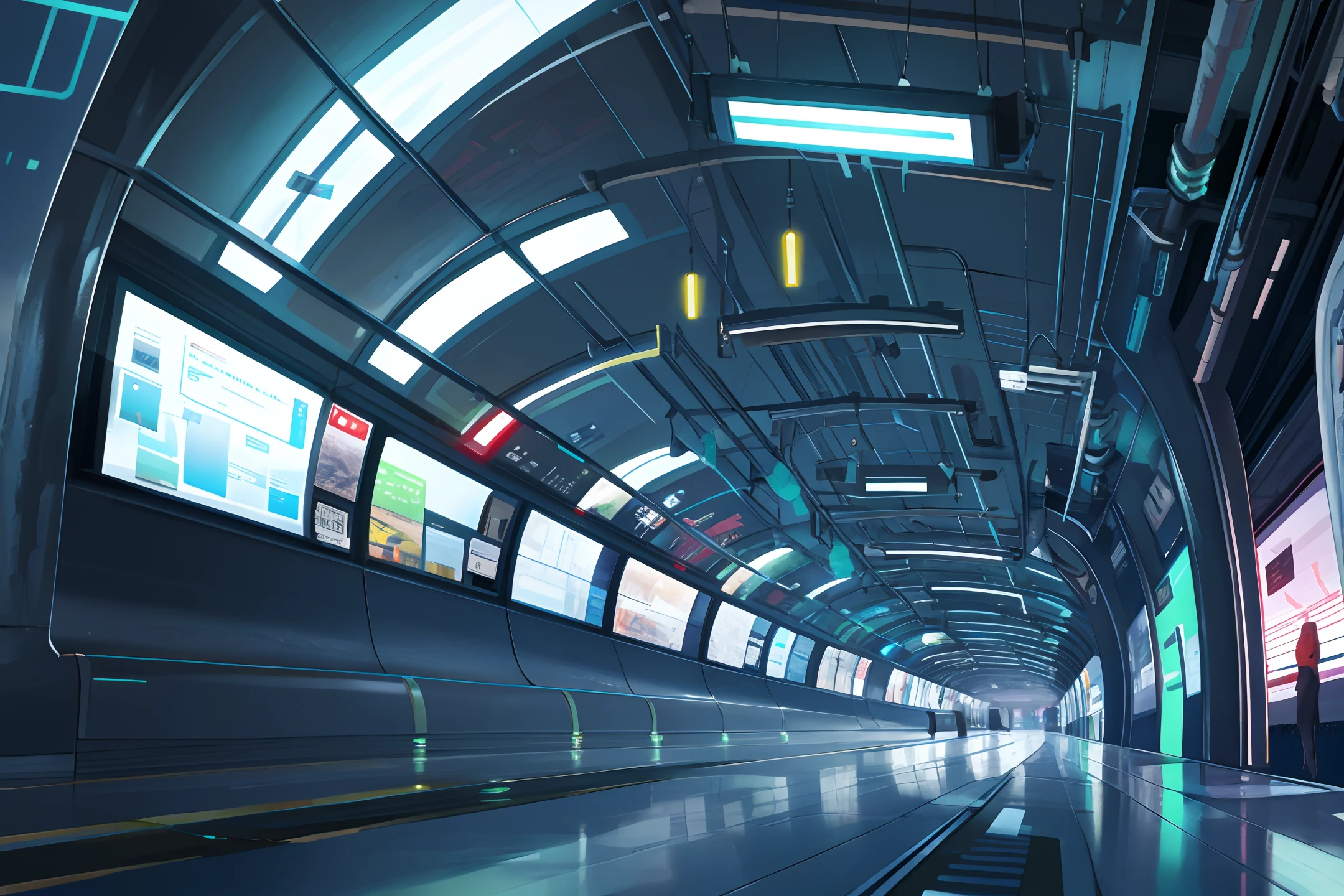 landscape, scenery, no humans, semi realistic, masterpiece, sharp focus, ultra detailed, absurdres, highres, dynamic lighting, cybernetic background, night, arrogant, bloom, (glow), flat color, station, subway