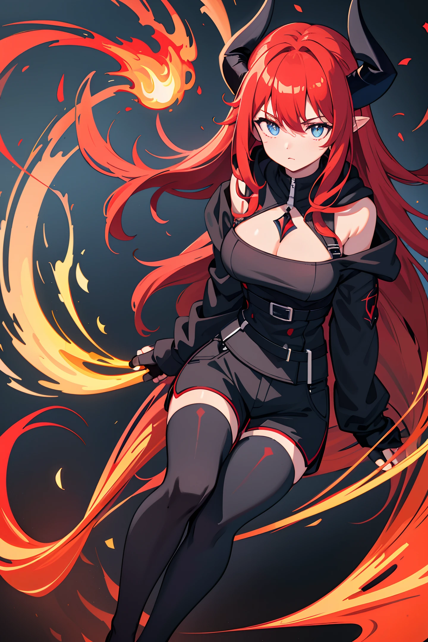 (masterpiece), (8k wallpaper, masterpiece), (1 girl), (long crimson hair:1.1), (black hooded jacket:1.1), (black shirt:1.1), (black shorts:1.1), (black tights socks:1.1), (glowing rune engravement on chest), (glowing crimson left eye:1), (glowing blue right eye:1), (fingerless gloves:1.1), red and black tone, big breasts, (crimson horns:1), fire witch, (blue flame particles), (red flame particles), (black background), high contrast
