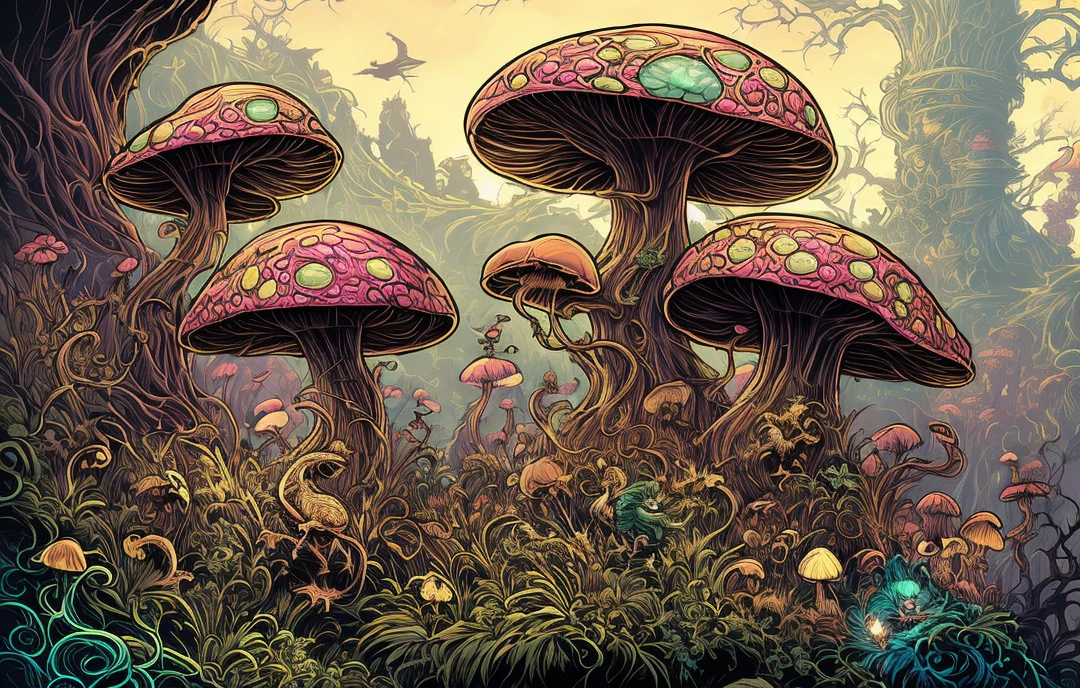 By (dan mumford:1.4) extremely epic illustration,Fantasize about charming animals， fantasy enchanted beautiful mushroom with glowing pastel colors and gold, intricate, dramatic lighting, (thick lines:1.5), thick contours, low detailed