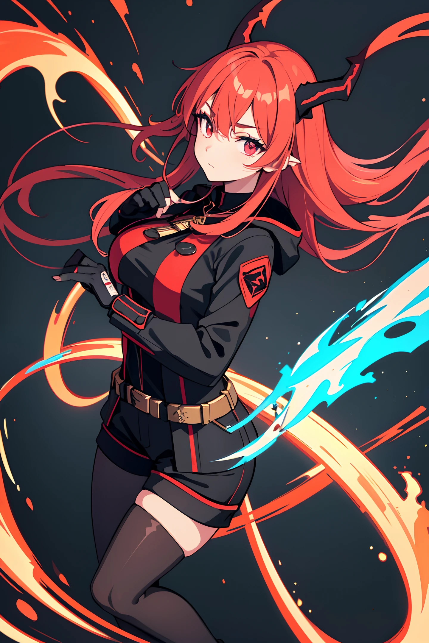 (masterpiece:1.2, best quality), (extremely detailed CG unity 8k wallpaper, masterpiece, best quality, ultra-detailed, best shadow), (beautiful detailed face, beautiful detailed eyes), (finely detailed beautiful eyes: 1.2), (1 girl), (long crimson hair:1.2), (black hooded jacket:1.2), (black shirt:1.2), (black shorts:1.2), (black tights socks:1.2), (glowing chest rune:1.2), (glowing crimson eyes:1.2), (fingerless gloves:1.1), red and black tone, big breasts, (crimson horns:1), fire witch, (blue flame particles), (red flame particles), (black background), high contrast