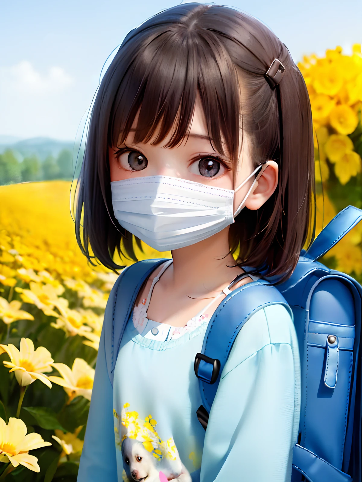 A charming *********** carrying a backpack and her adorable puppy is enjoying a lovely spring outing surrounded by beautiful yellow flowers and natural scenery. The illustration is a high definition illustration in 4K resolution, with highly detailed facial features and cartoon-style visuals, (with a mask)
