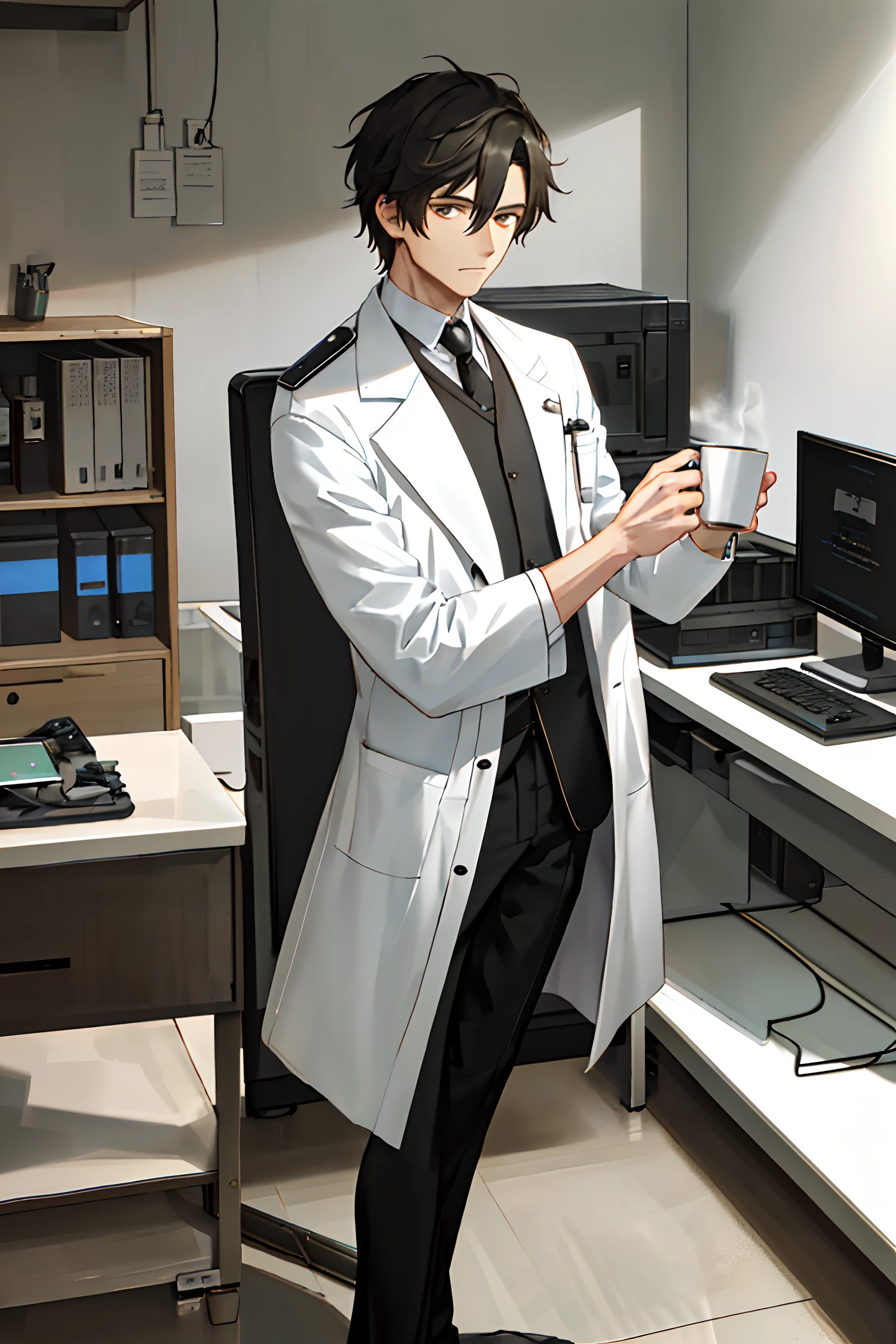 The dynamic shot features a young black-haired man wearing a white doctor's coat, holding a cup of coffee while contemplating in his office. Ultra-detailed, the prompt highlights the subject's thoughtful expression amidst a background featuring medical equipment, with an emphasis on clarity and illumination.