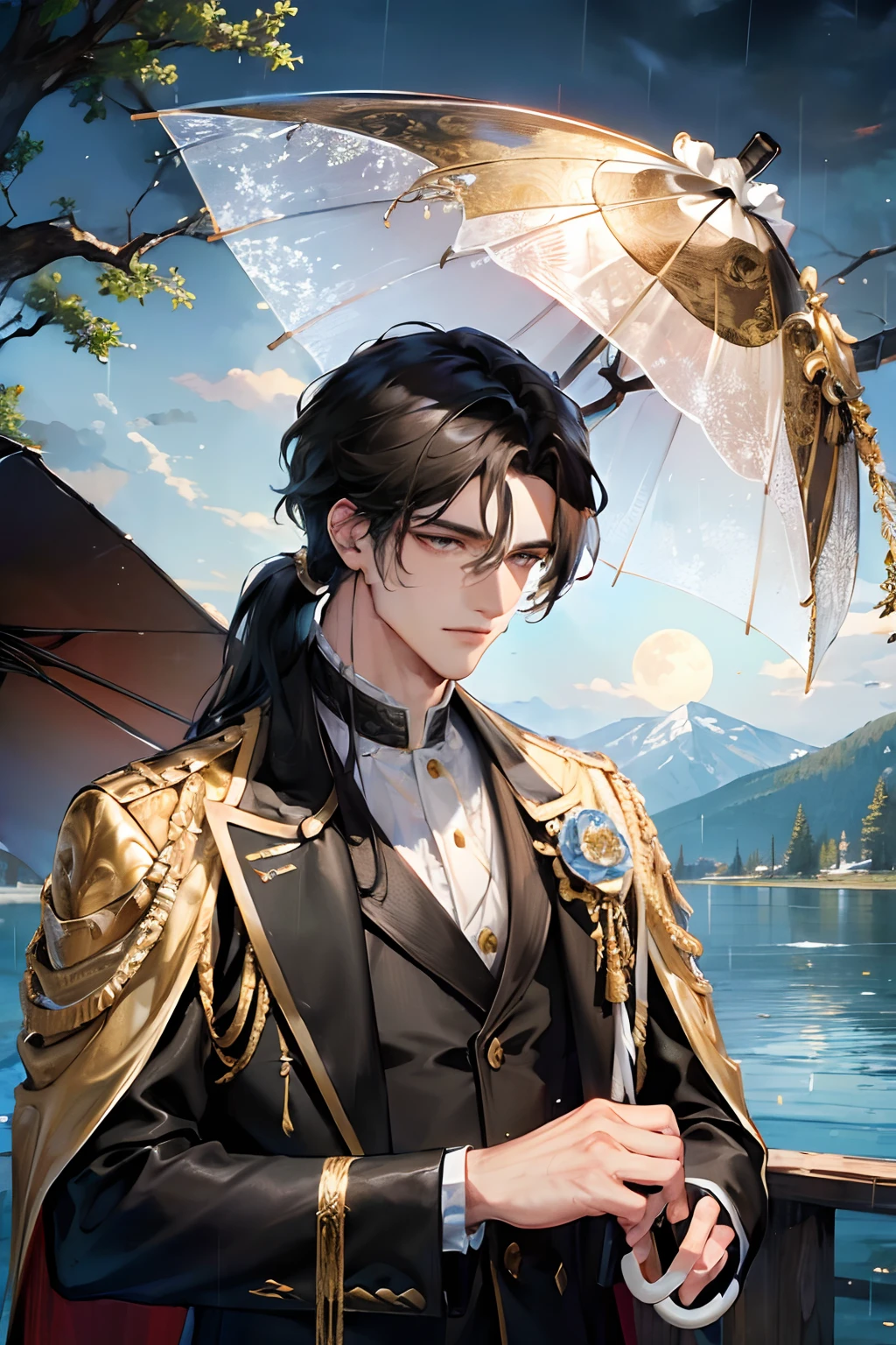 (((Masterpiece))), best quality, ultra-detailed, outdoor night scenery by the lake with tree branches and a full moon. In the center stands a mature man with black hair and black eyes, long hair with bangs, handsome and masculine yet gentle. He's wearing black and gold mixed dragon pattern clothing, holding an umbrella in the rain like a prince. All of his features are exquisitely crafted and highly detailed.