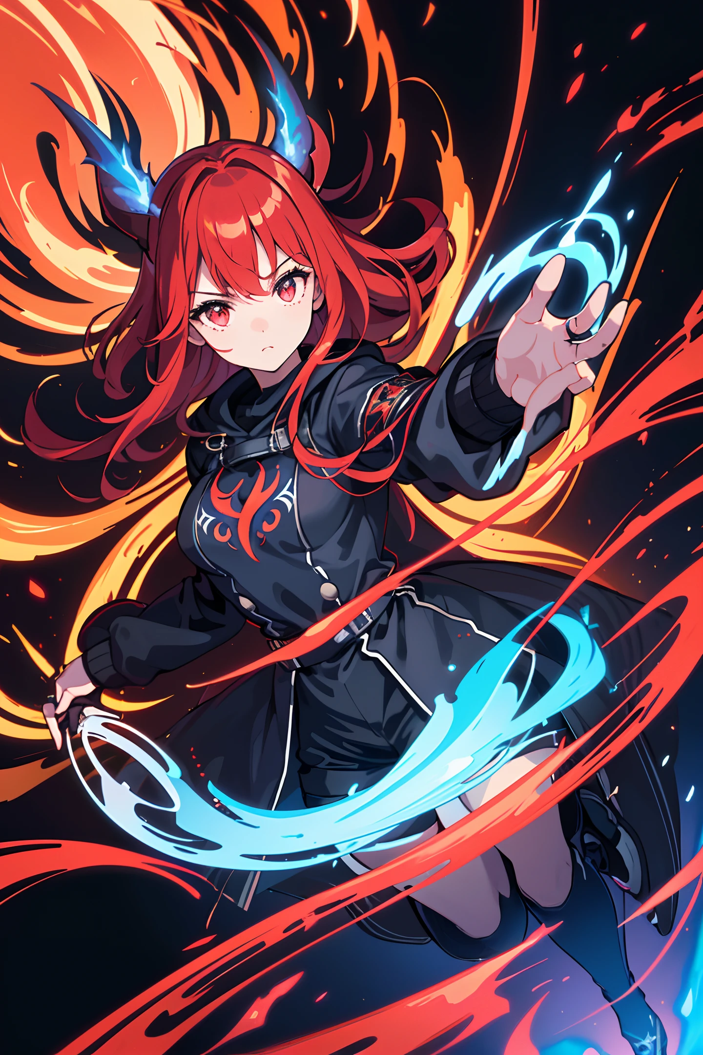 (masterpiece:1.2, best quality), (extremely detailed CG unity 8k wallpaper, masterpiece, best quality, ultra-detailed, best shadow), (beautiful detailed face, beautiful detailed eyes), (finely detailed beautiful eyes: 1.2), (1 girl), (long crimson hair:1.2), (black hooded jacket:1.2), (black shirt:1.2), (black shorts:1.2), (black tights socks:1.2), (glowing chest rune:1.2), (glowing crimson eyes:1.2), (fingerless gloves:1.1), big breasts, (crimson horns:1), fire witch, (blue flame particles:1.3), (red flame particles), (black background), high contrast