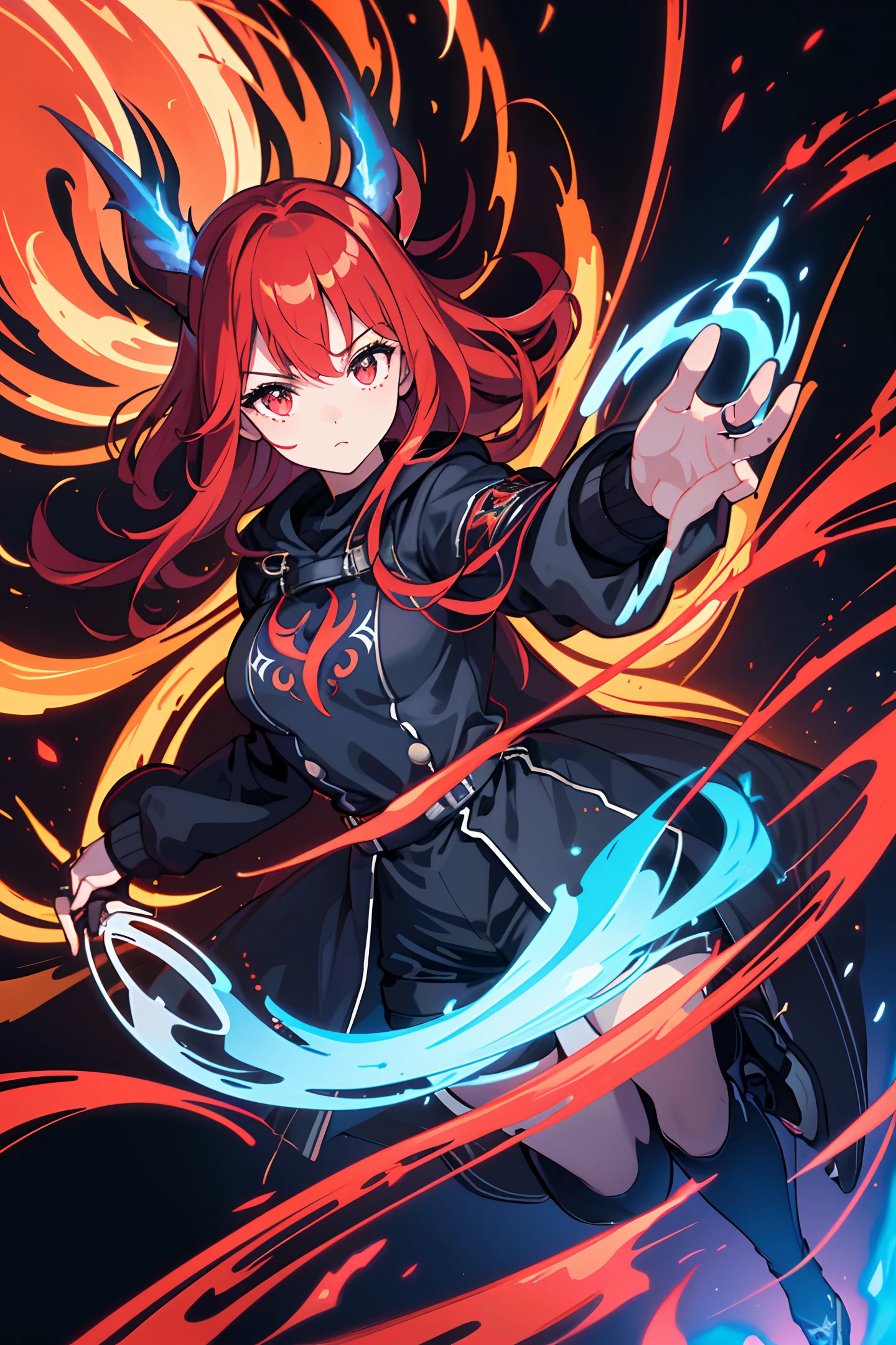 (masterpiece:1.2, best quality), (extremely detailed CG unity 8k wallpaper, masterpiece, best quality, ultra-detailed, best shadow), (beautiful detailed face, beautiful detailed eyes), (finely detailed beautiful eyes: 1.2), (1 girl), (long crimson hair:1.2), (black hooded jacket:1.2), (black shirt:1.2), (black shorts:1.2), (black tights socks:1.2), (glowing chest rune:1.2), (glowing crimson eyes:1.2), (fingerless gloves:1.1), big breasts, (crimson horns:1), fire witch, (blue flame particles:1.3), (red flame particles), (black background), high contrast